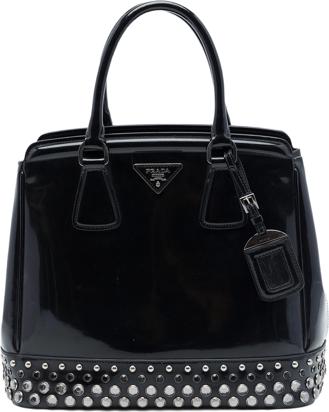 Prada Spazzolato Leather Studded Crystal Tote, från Luxclusif, i färgen svart.