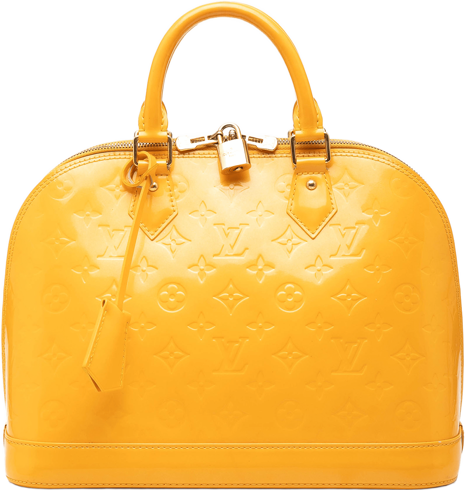 Louis Vuitton Monogram Vernis Alma Pm, från Luxclusif, i färgen mustard.