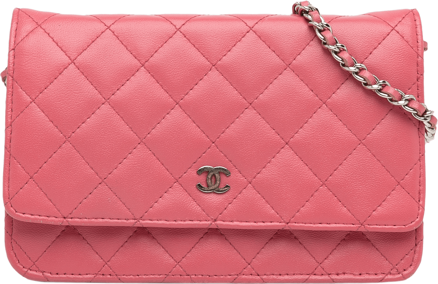 Chanel Classic Lambskin Wallet On Chain, från Luxclusif, i färgen pink.