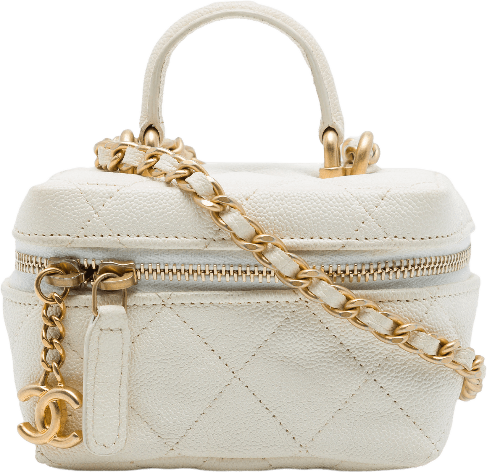 Chanel Mini Caviar Chain Zip Around Vanity Case, från Luxclusif, i färgen vit.