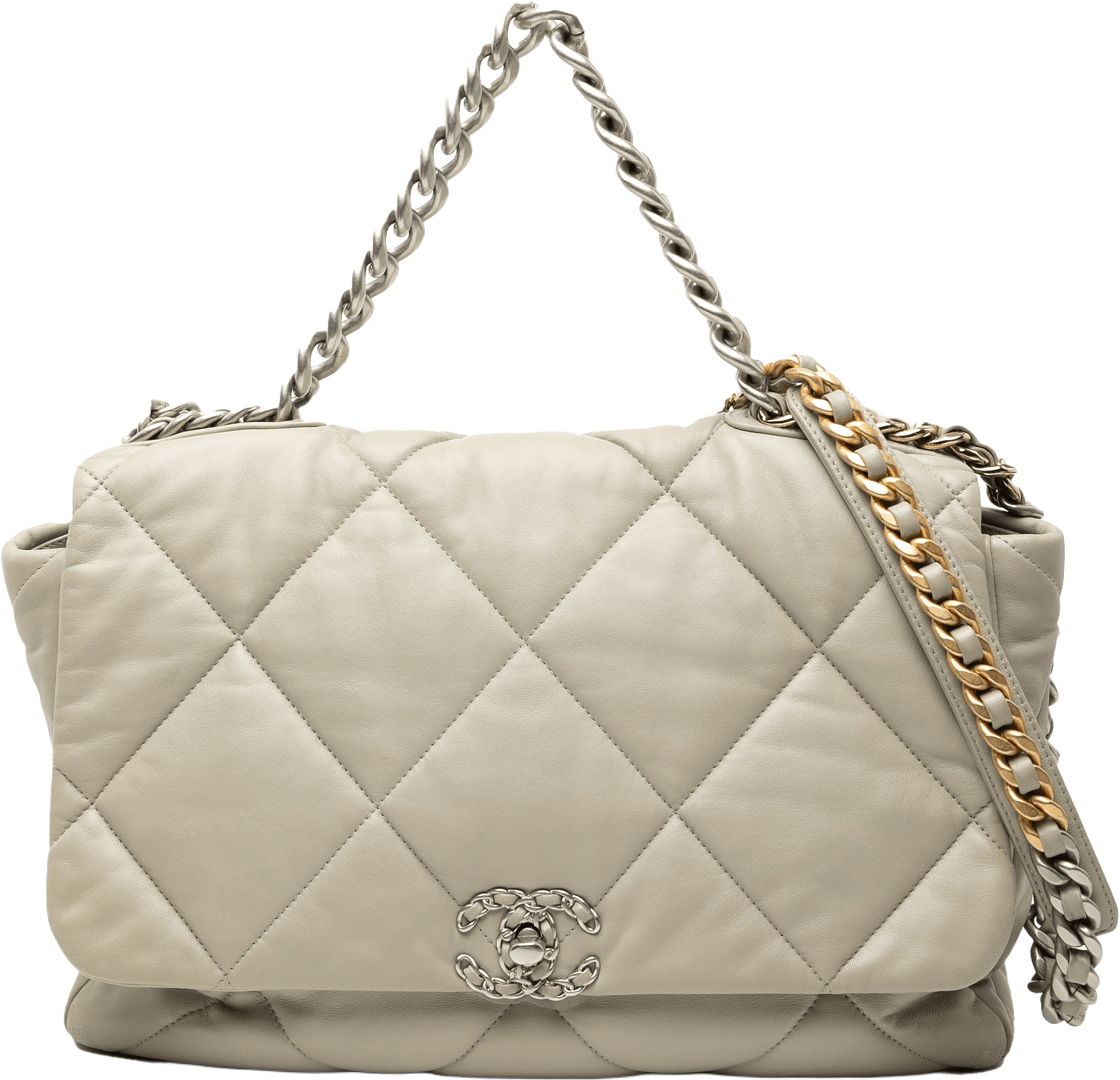 Chanel Maxi Lambskin 19 Flap, från Luxclusif, i färgen light gray.