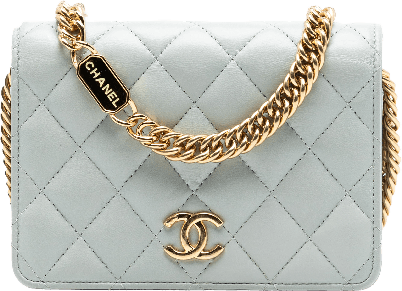 Chanel Mini Cc Quilted Lambskin Bijoux Wallet On Chain, från Luxclusif, i färgen light blue.
