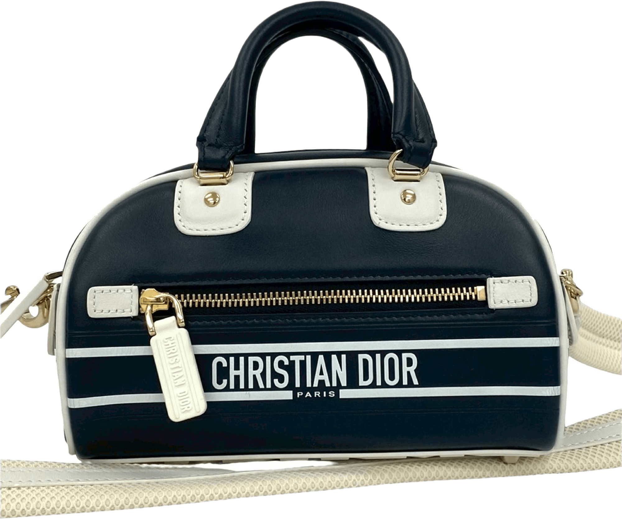 Dior Micro Leather Dior Vibe Zip Bowling Bag, från Luxclusif, i färgen navy.