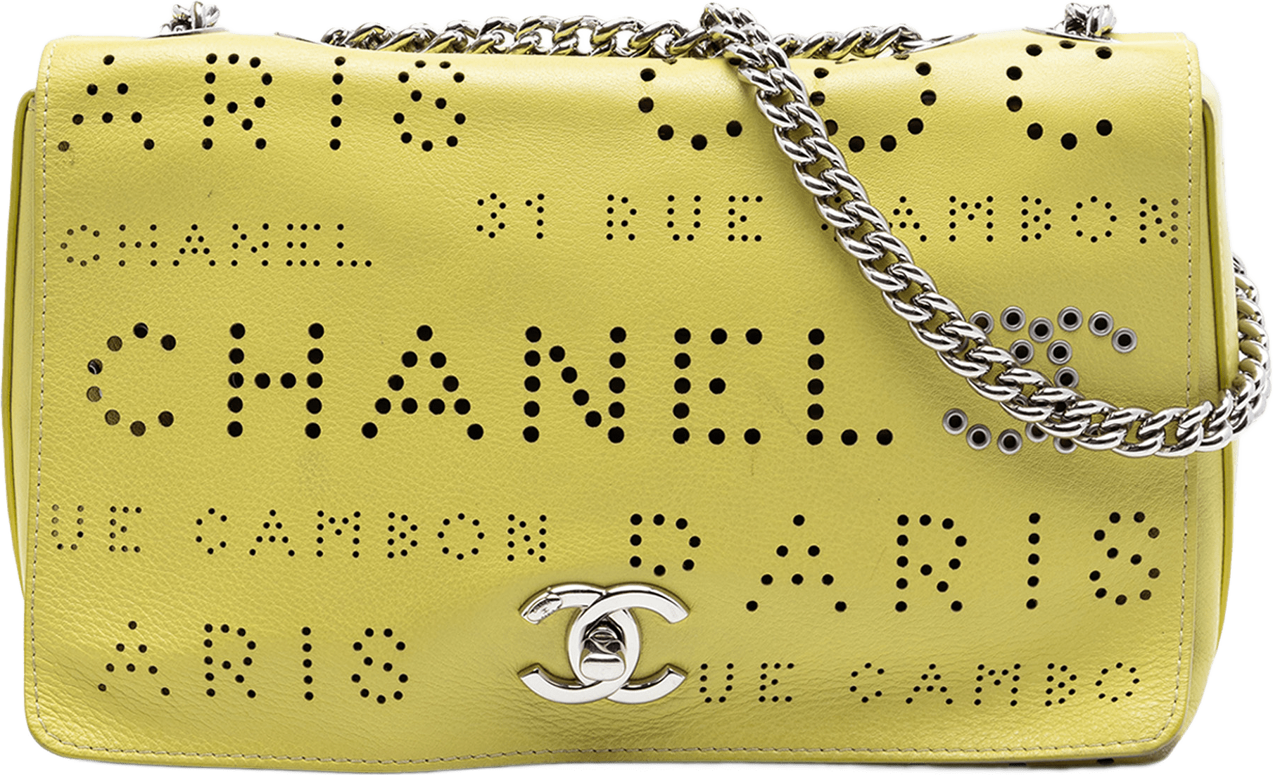 Chanel Perforated Calfskin Logo Eyelet Flap, från Luxclusif, i färgen gul.