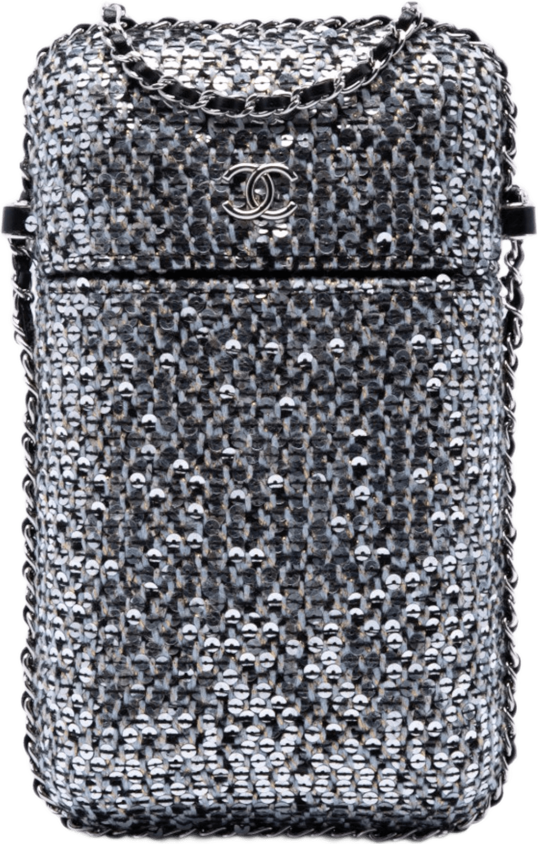 Chanel Cc Tweed And Sequin Chain Around Phone Holder, från Luxclusif, i färgen silver.