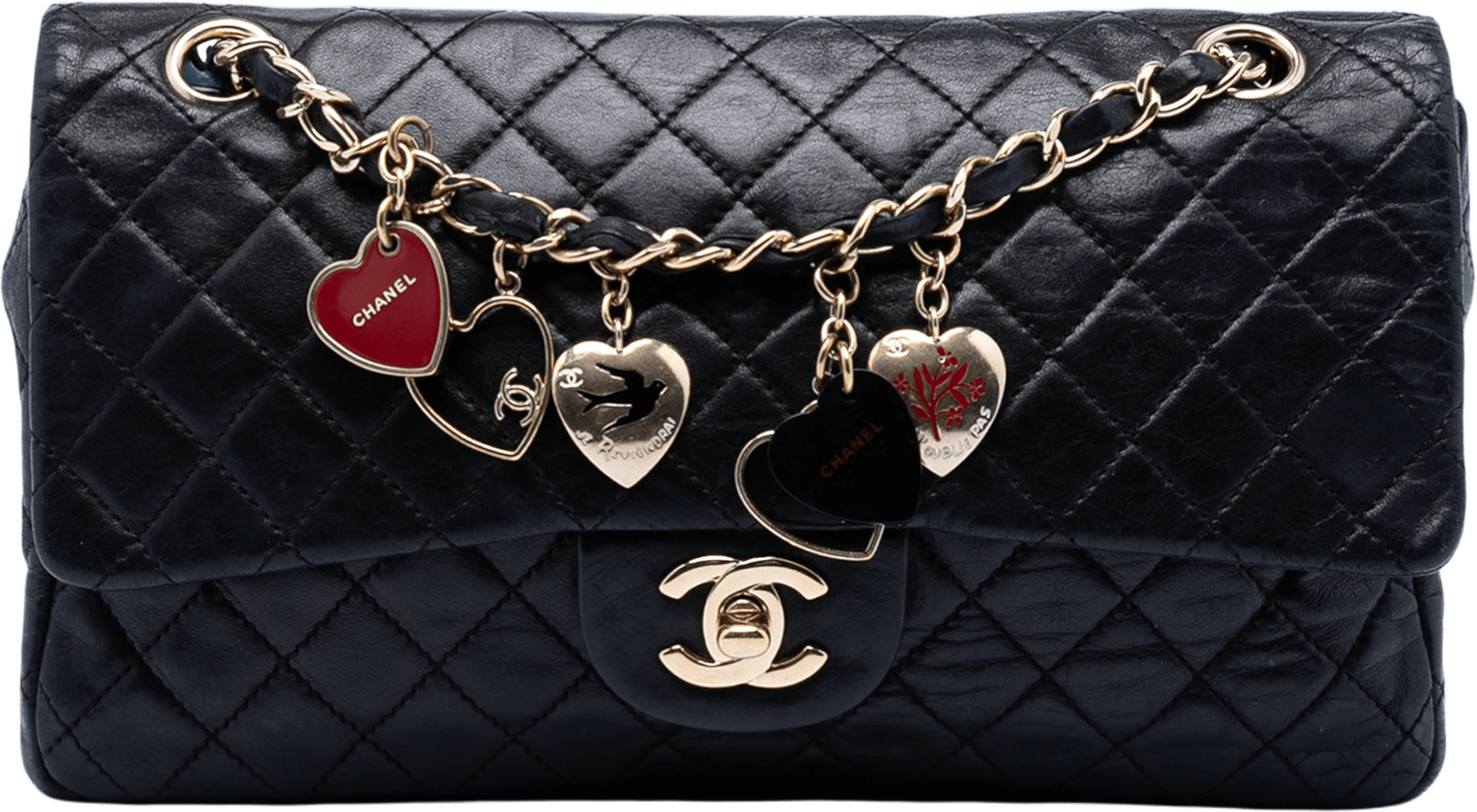 Chanel Medium Classic Lambskin Valentines Heart Charms Single Flap, från Luxclusif, i färgen black.