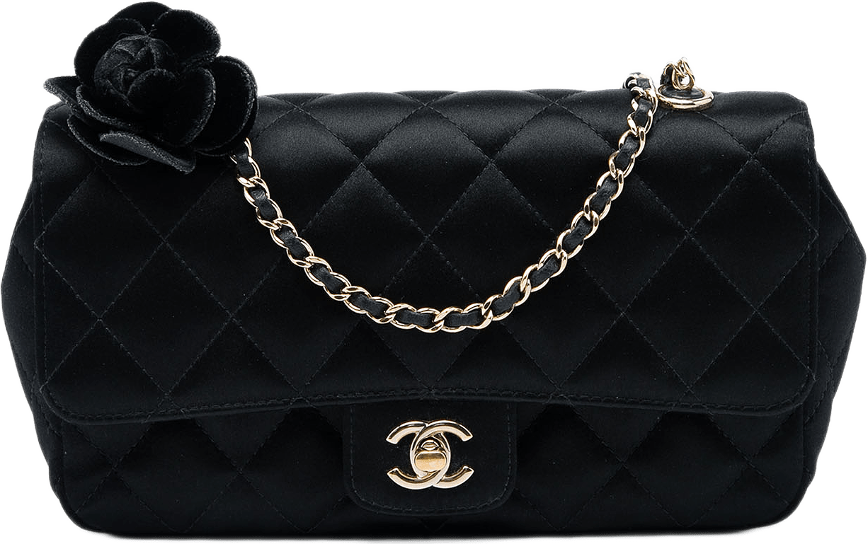 Chanel Mini Cc Quilted Satin Camellia Flap, från Luxclusif, i färgen svart.