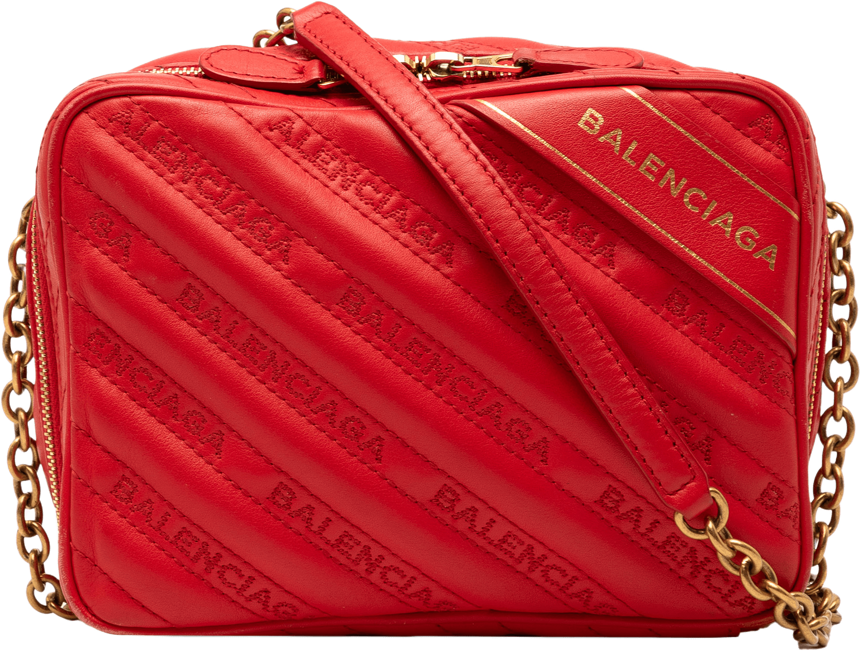 Balenciaga Calfskin Allover Logo Blanket Reporter Xs Crossbody, från Luxclusif, i färgen red.