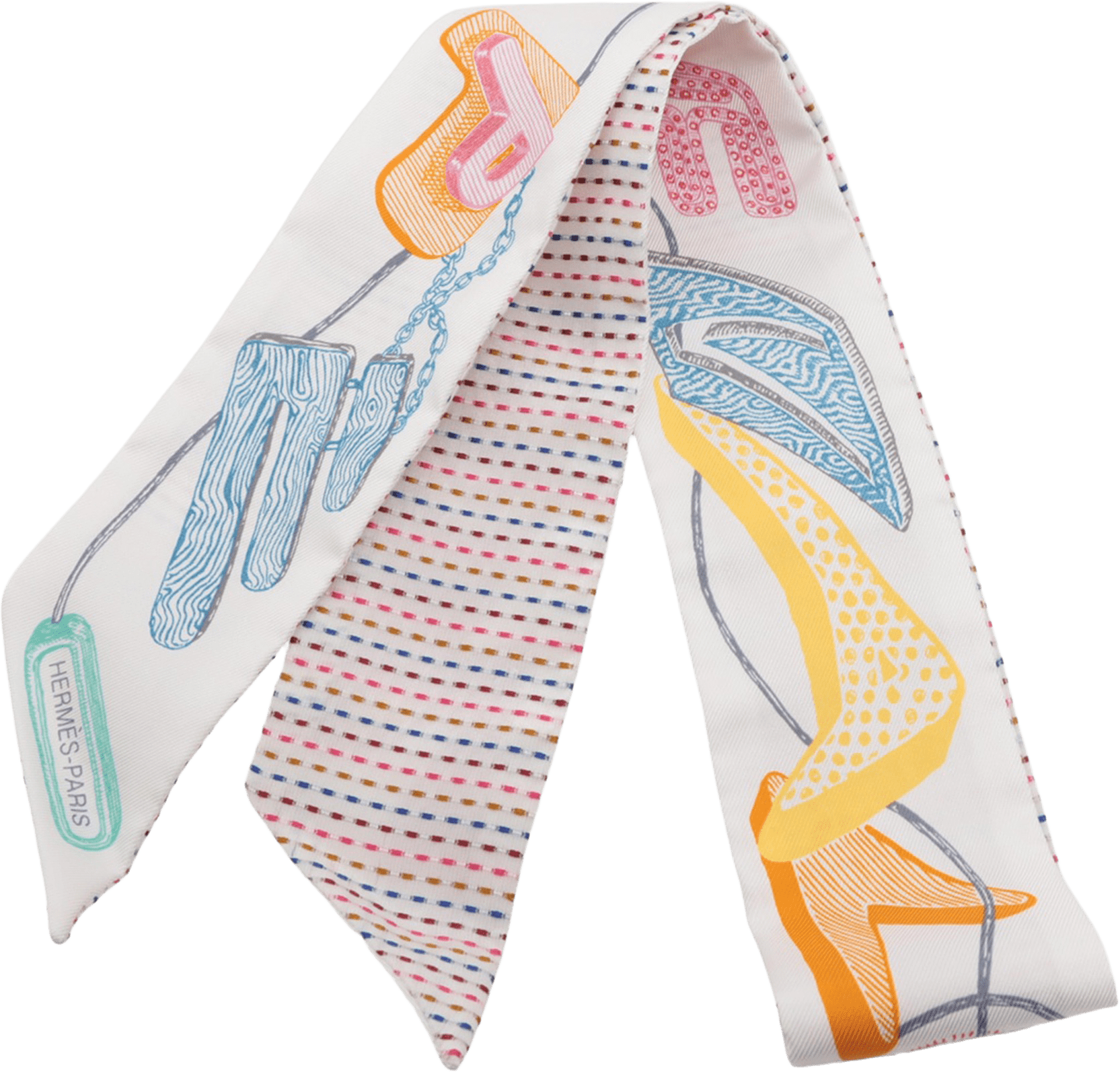 Hermès Chevaloscope Neon Pointille Silk Twilly, från Luxclusif, i färgen white.