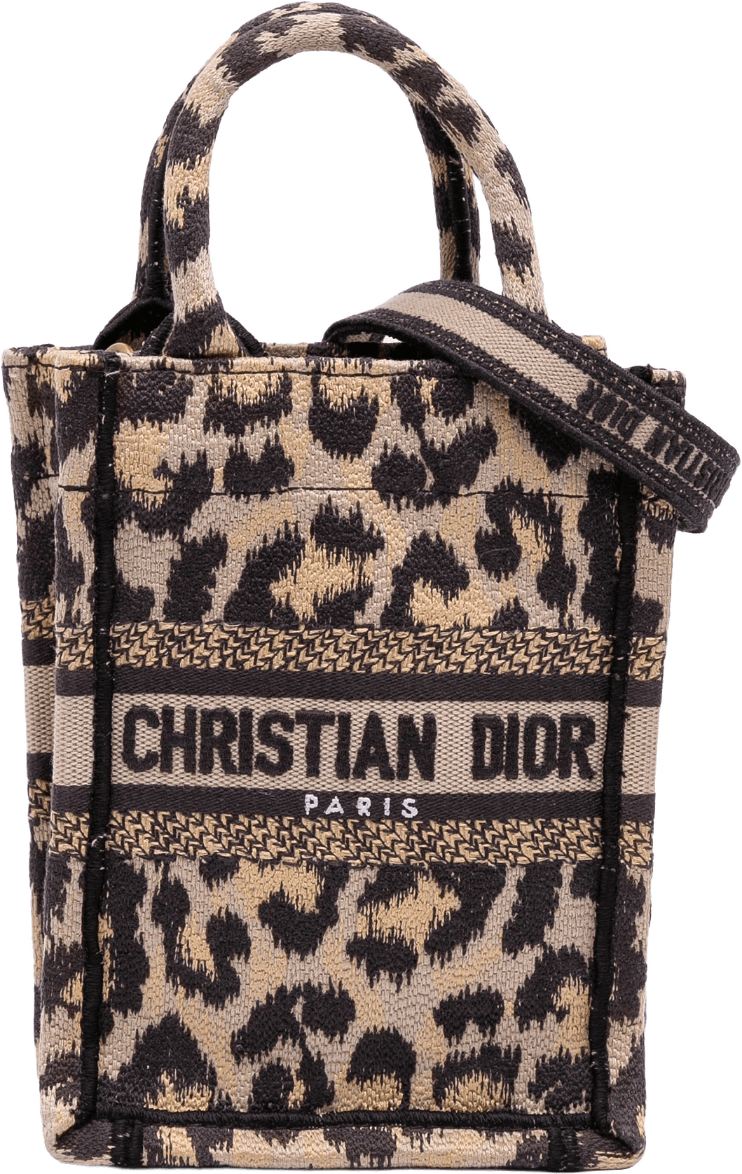 Dior Mizza Mini Embroidered Canvas Leopard Vertical Book Tote, från Luxclusif, i färgen beige.