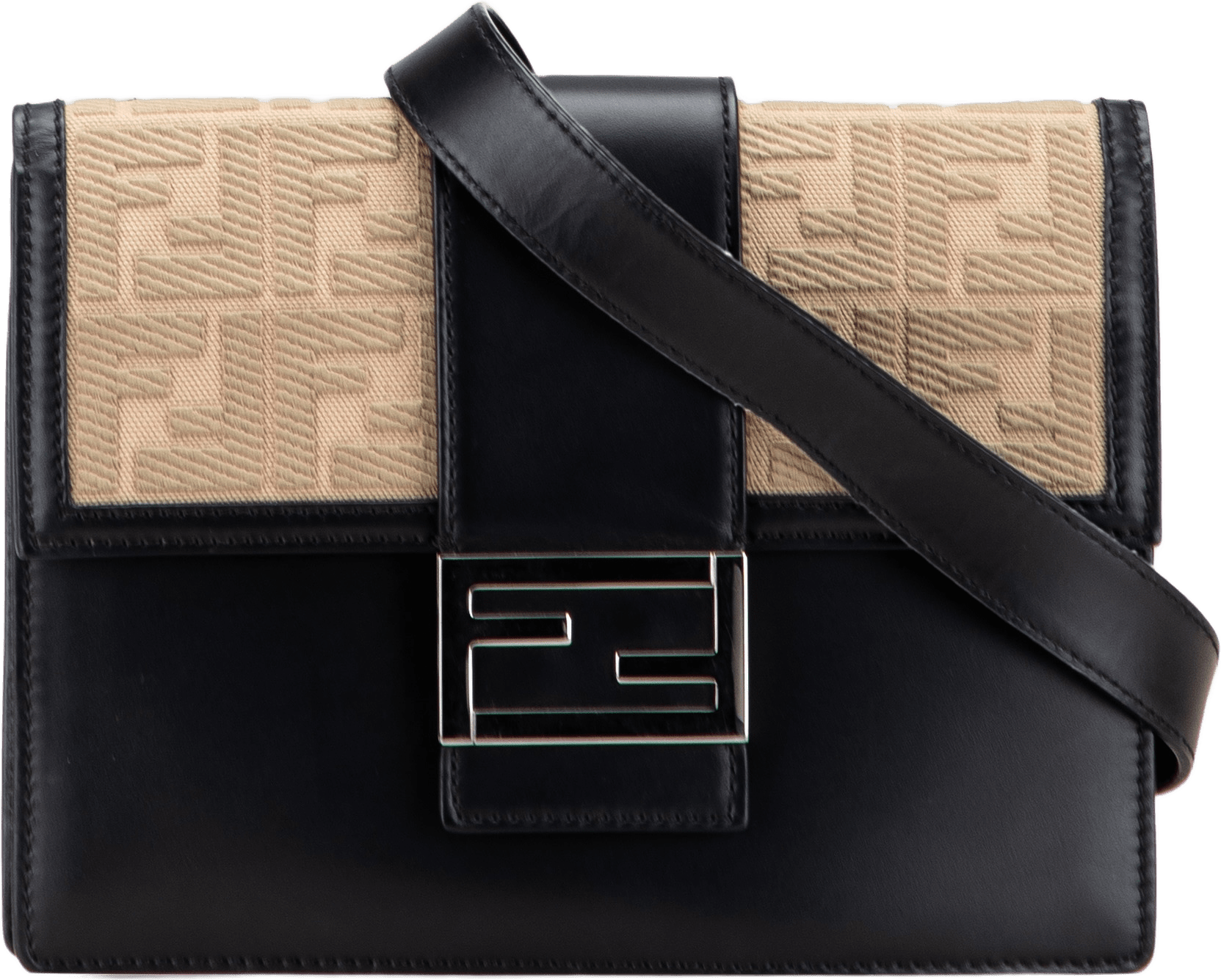 Fendi Calfskin And Canvas Ff 1974 Flat Baguette Crossbody, från Luxclusif, i färgen black.