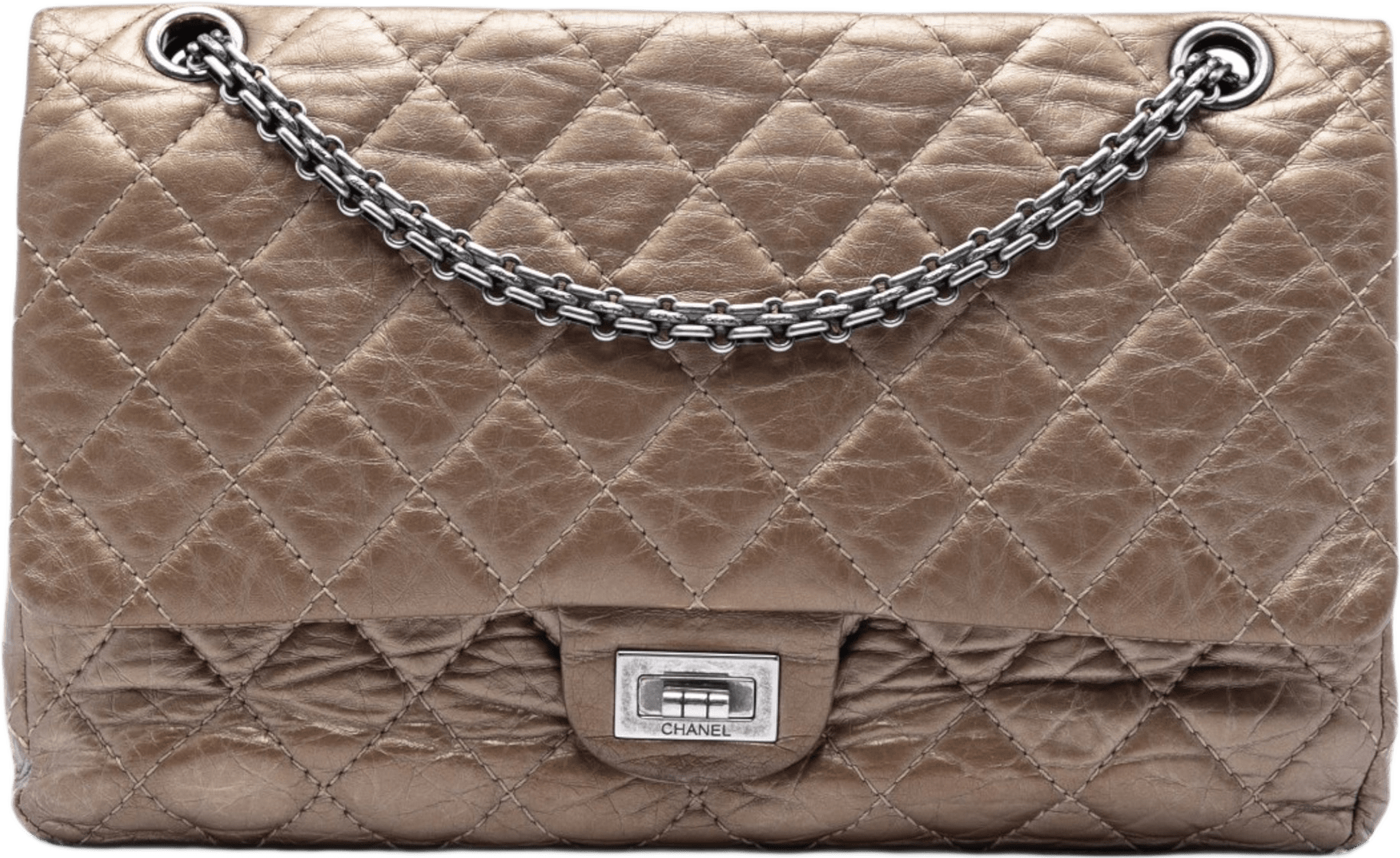 Chanel Quilted Metallic Aged Calfskin Reissue 2.55 Double Flap 226, från Luxclusif, i färgen bronze.