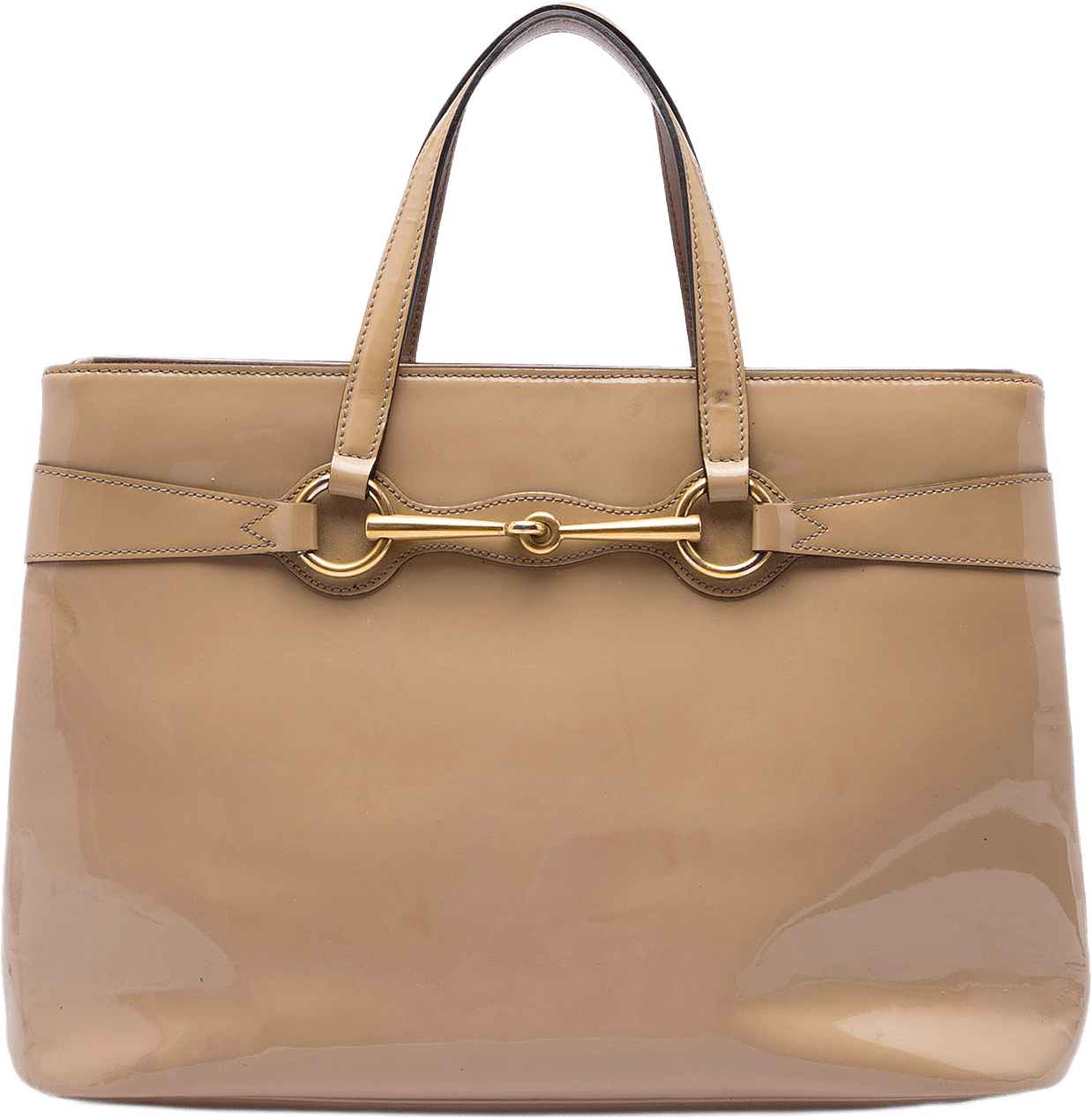 Gucci Patent Bright Bit Satchel, från Luxclusif, i färgen beige.