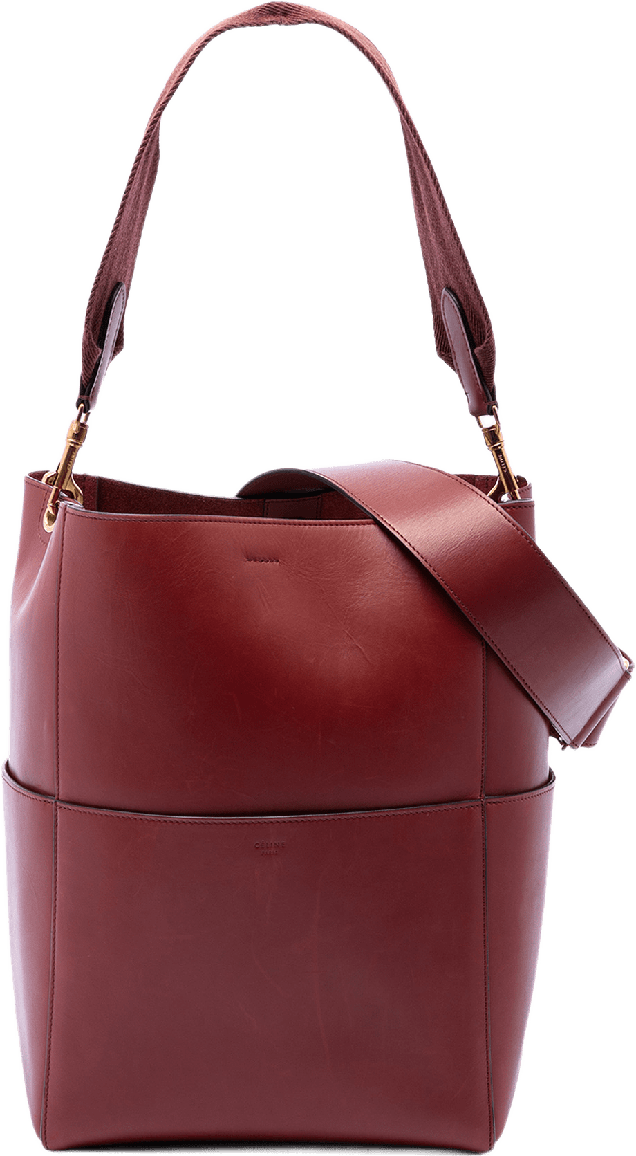 Celine Medium Leather Seau Sangle Bucket Bag, från Luxclusif, i färgen dark red.