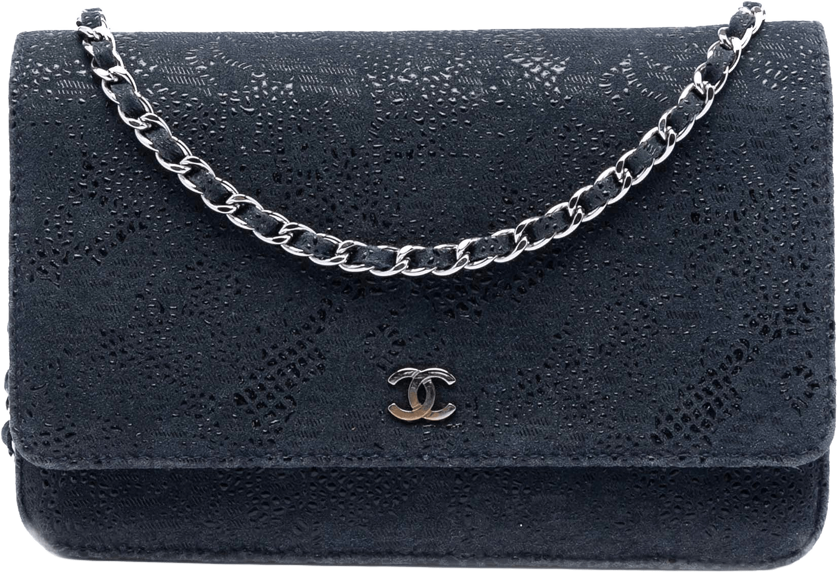 Chanel Cc Lace Overlay Goatskin Wallet On Chain, från Luxclusif, i färgen navy.
