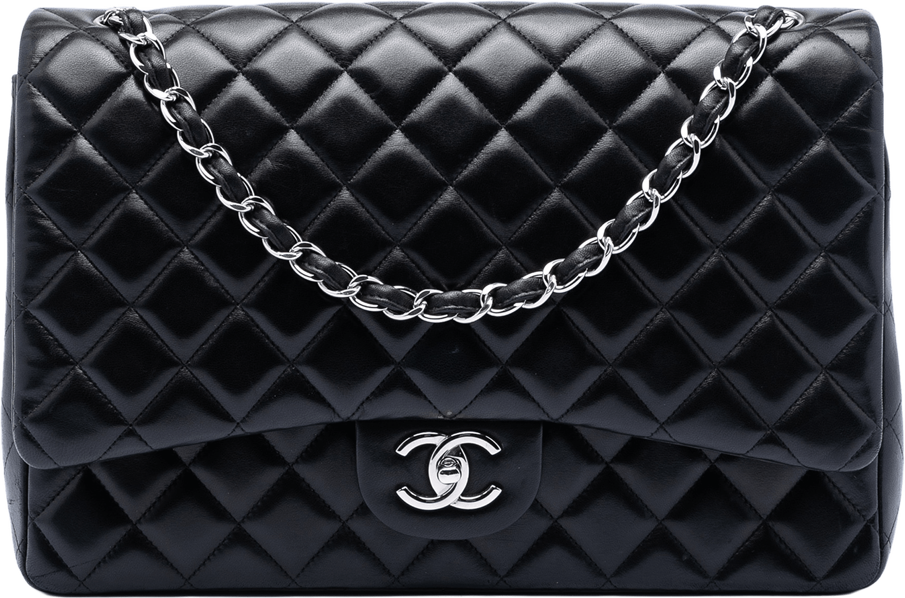 Chanel Maxi Classic Lambskin Double Flap, från Luxclusif, i färgen black.
