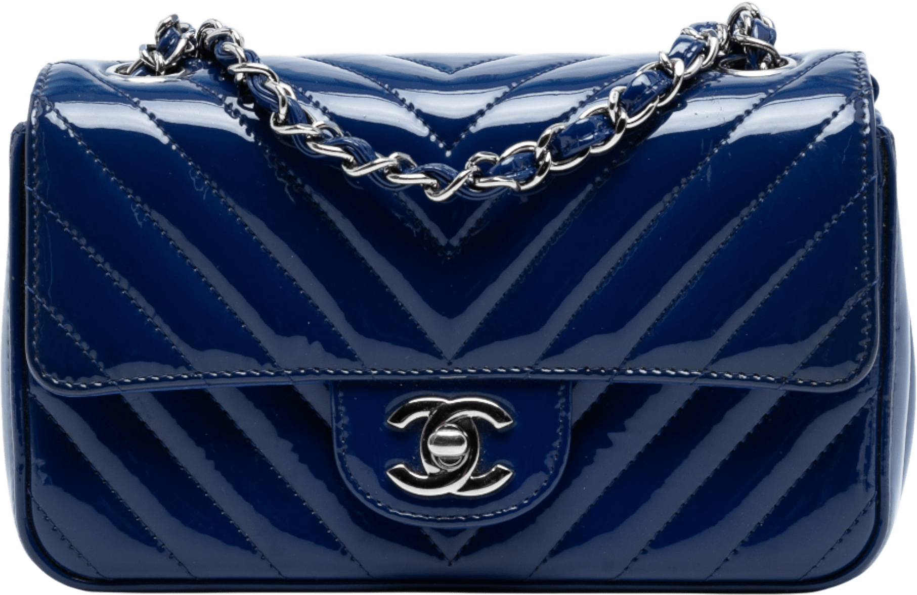 Chanel Mini Rectangular Classic Chevron Patent Single Flap, från Luxclusif, i färgen blue.