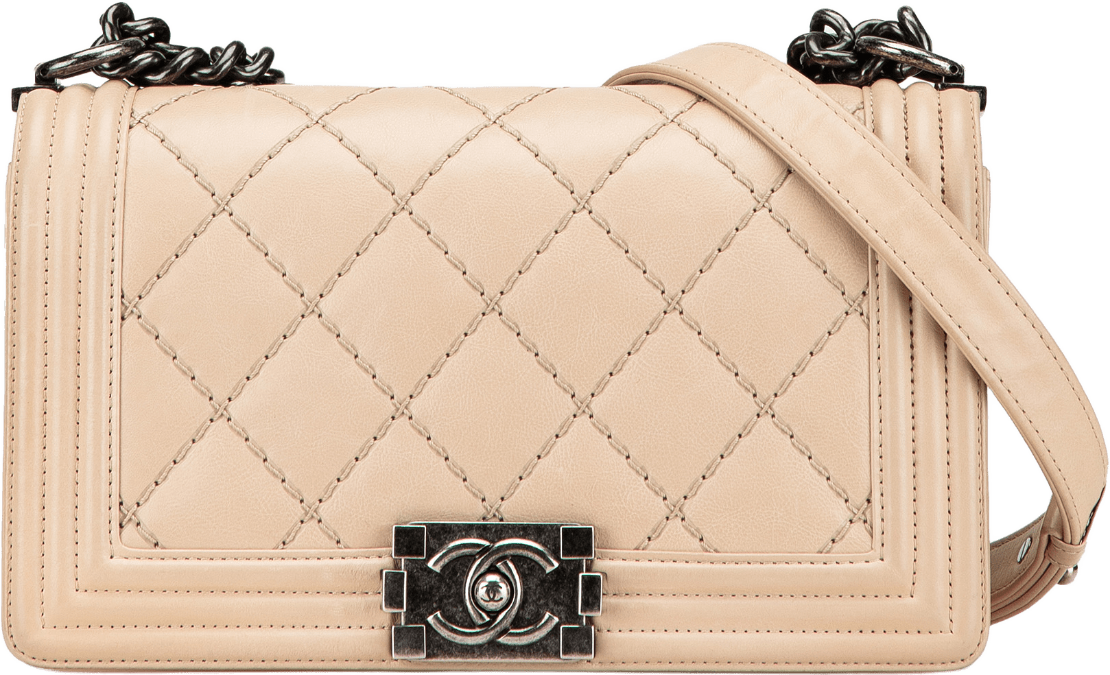 Chanel Old Medium Aged Calfskin Double Stitch Boy Flap, från Luxclusif, i färgen beige.