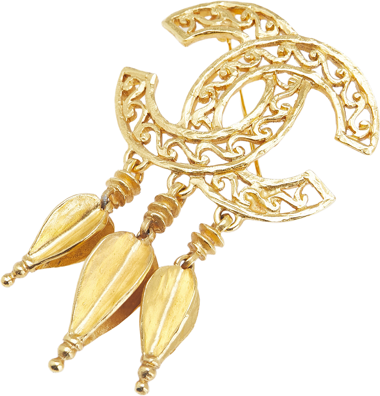 Chanel Cc Gold Plated Fretwork Fringe Brooch, från Luxclusif, i färgen gold.