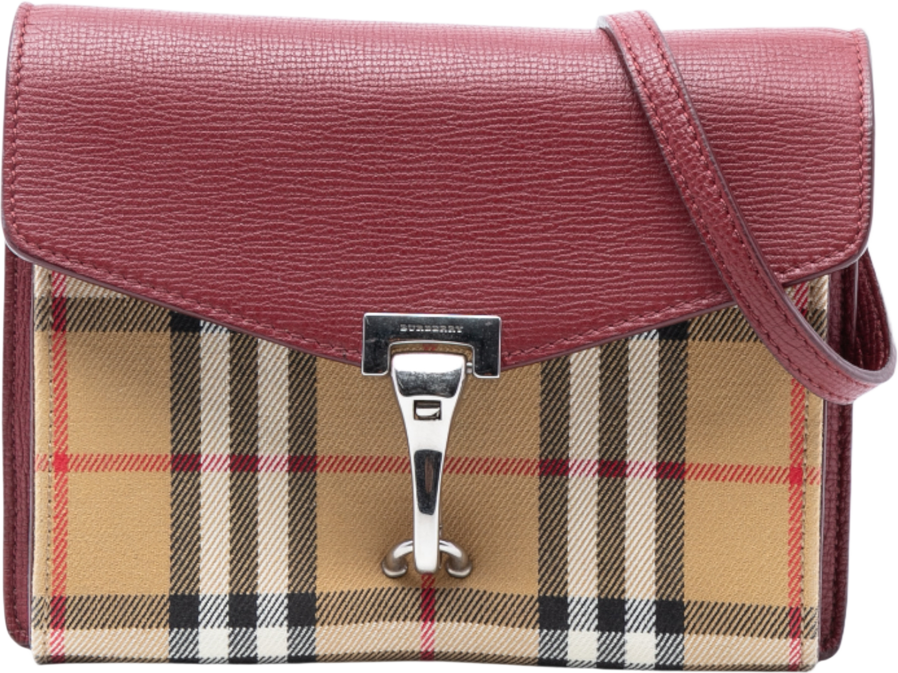 Burberry Small Leather And House Check Canvas Derby Macken Crossbody, från Luxclusif, i färgen red.