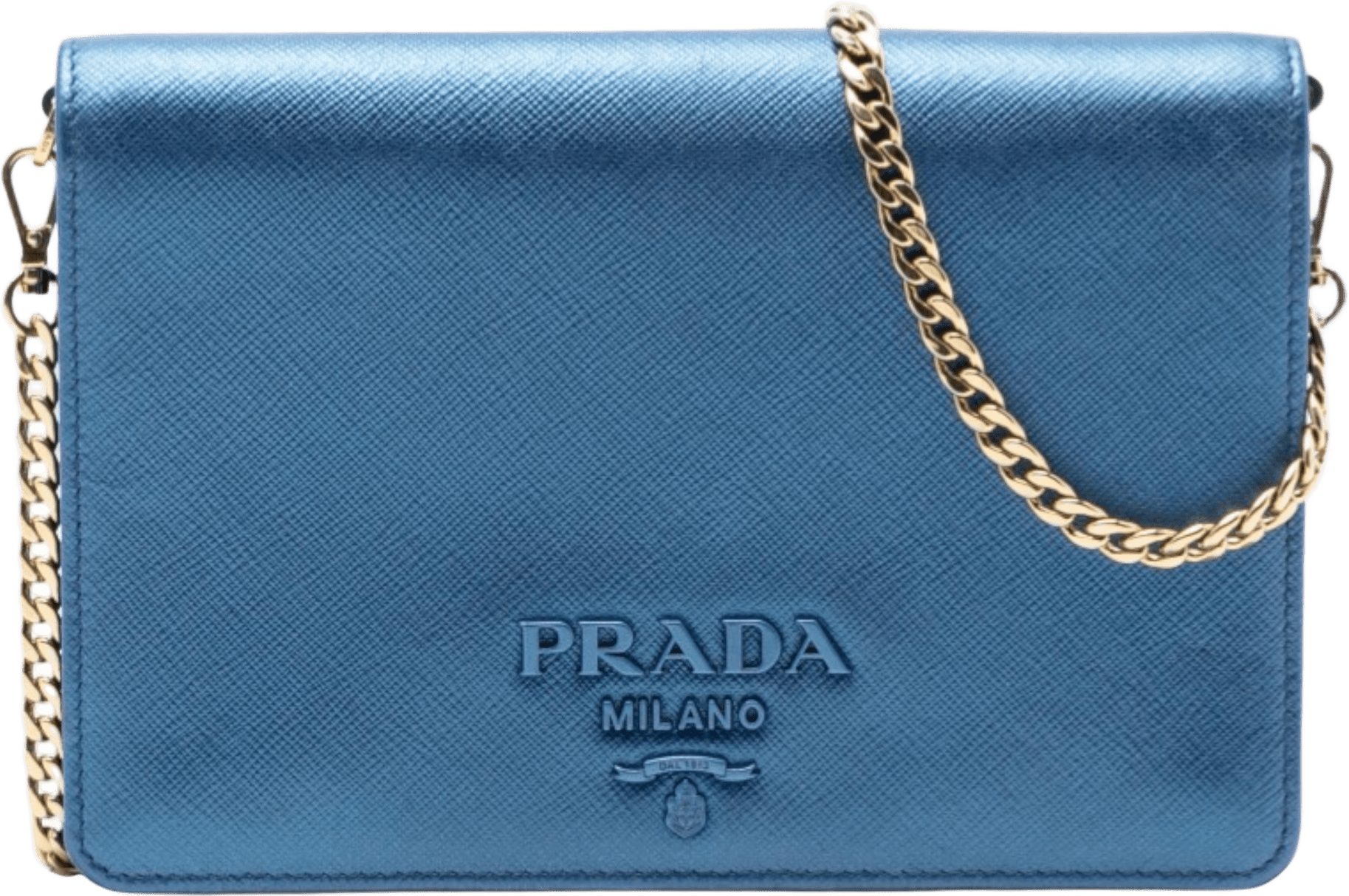 Prada Metallic Saffiano Lux Monochrome Wallet On Chain, från Luxclusif, i färgen blue.