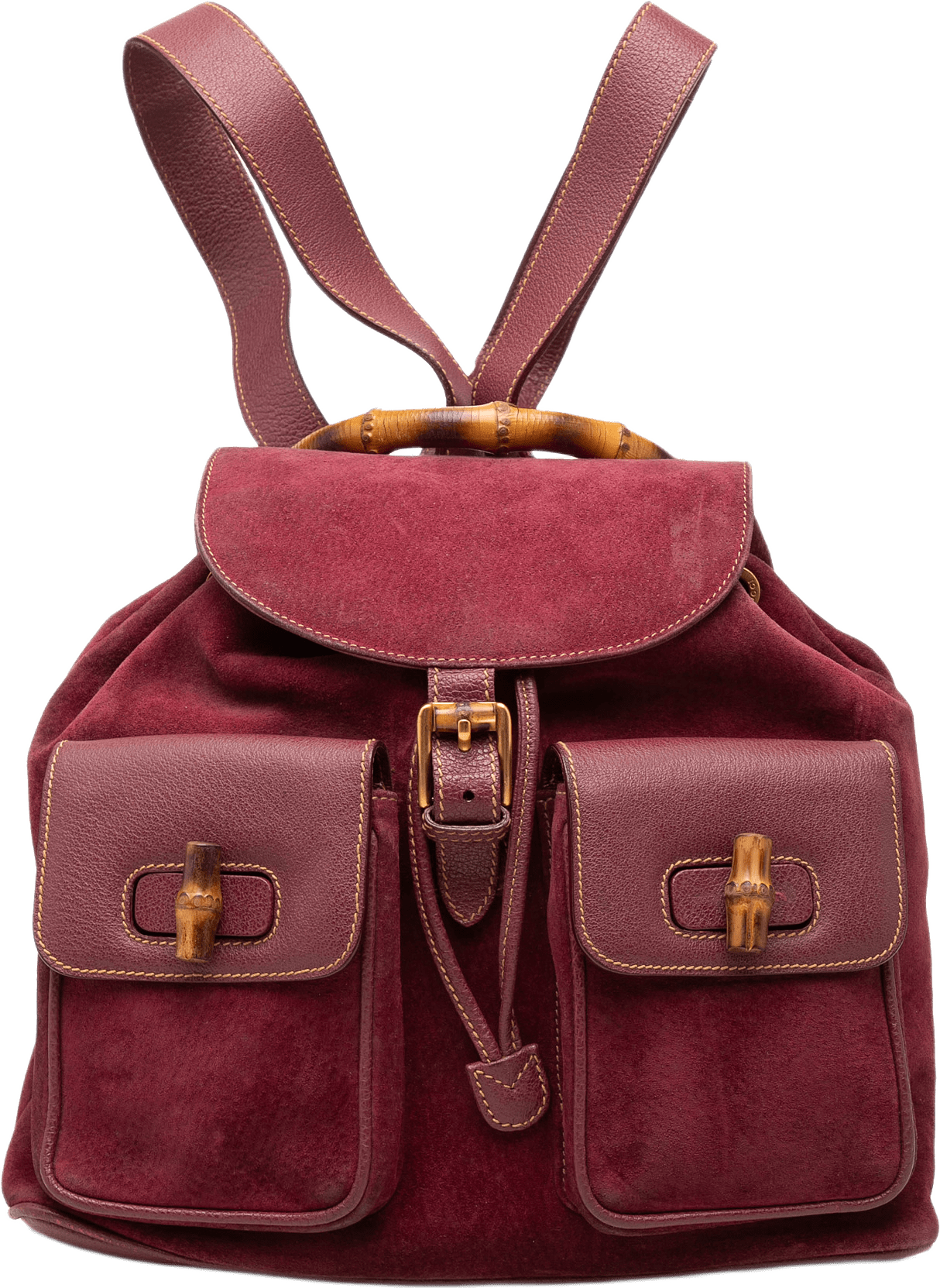 Gucci Large Suede Bamboo Drawstring Backpack, från Luxclusif, i färgen röd.