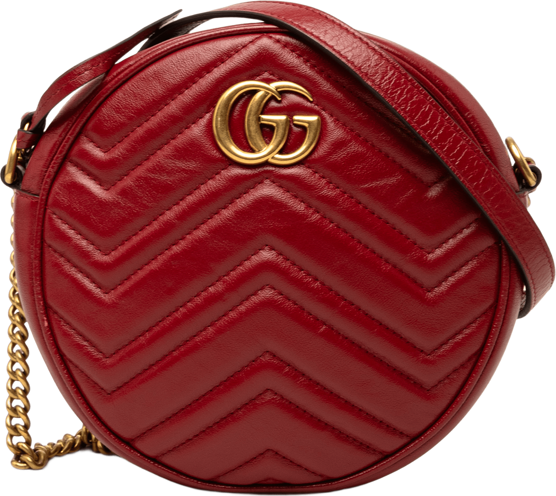 Gucci Mini Gg Marmont Matelasse Leather Round Crossbody, från Luxclusif, i färgen röd.