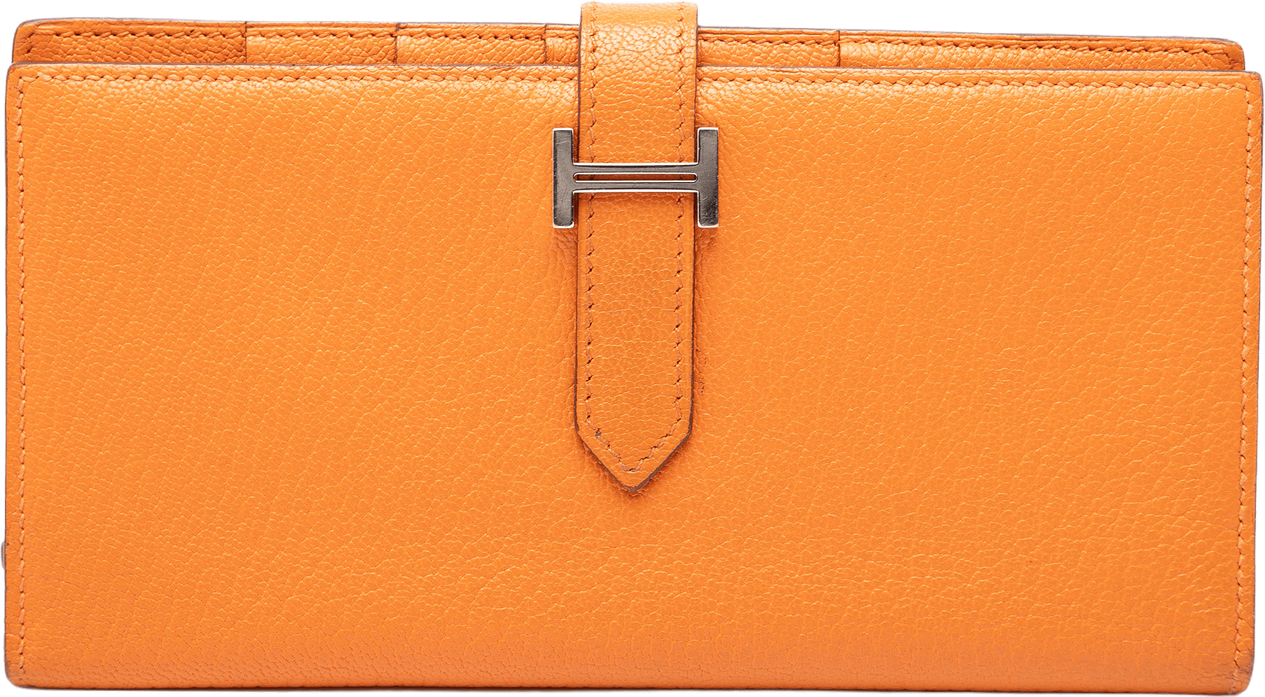 Hermès Chevre Mysore Bearn Soufflet Long Wallet, från Luxclusif, i färgen orange.