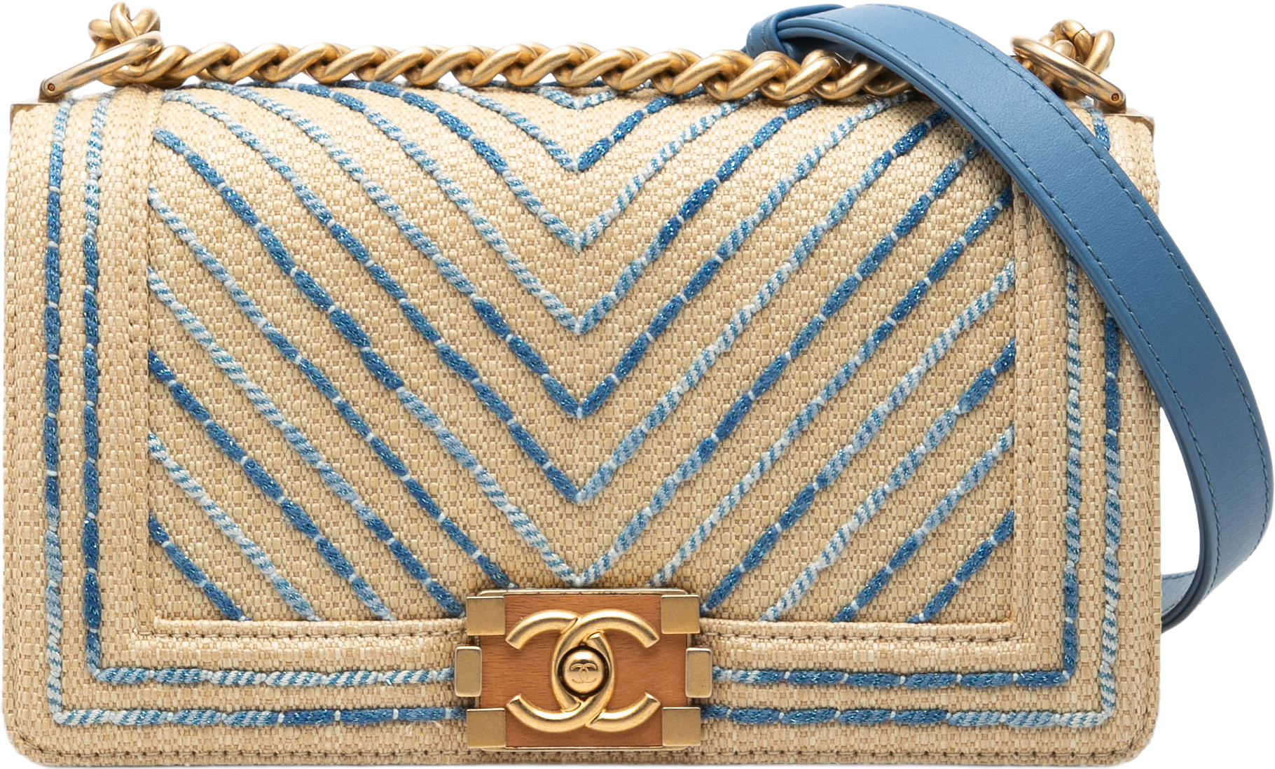Chanel Old Medium Chevron Raffia Boy Flap, från Luxclusif, i färgen beige.