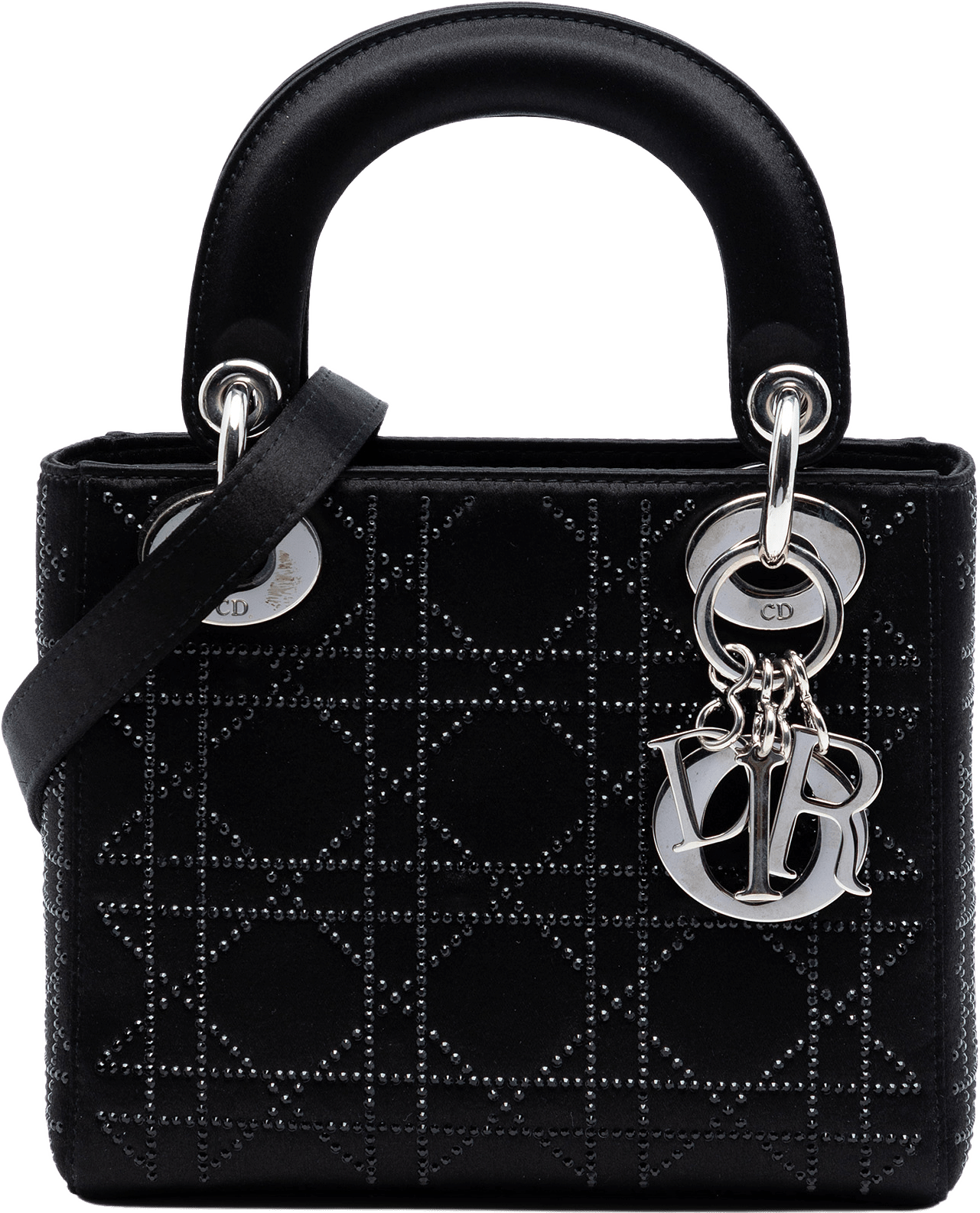 Dior Mini Satin Cannage Crystal Embellished Lady Dior, från Luxclusif, i färgen black.