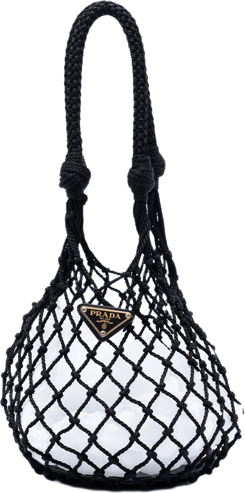 Prada Mesh And Leather Bucket Bag, från Luxclusif, i färgen svart.