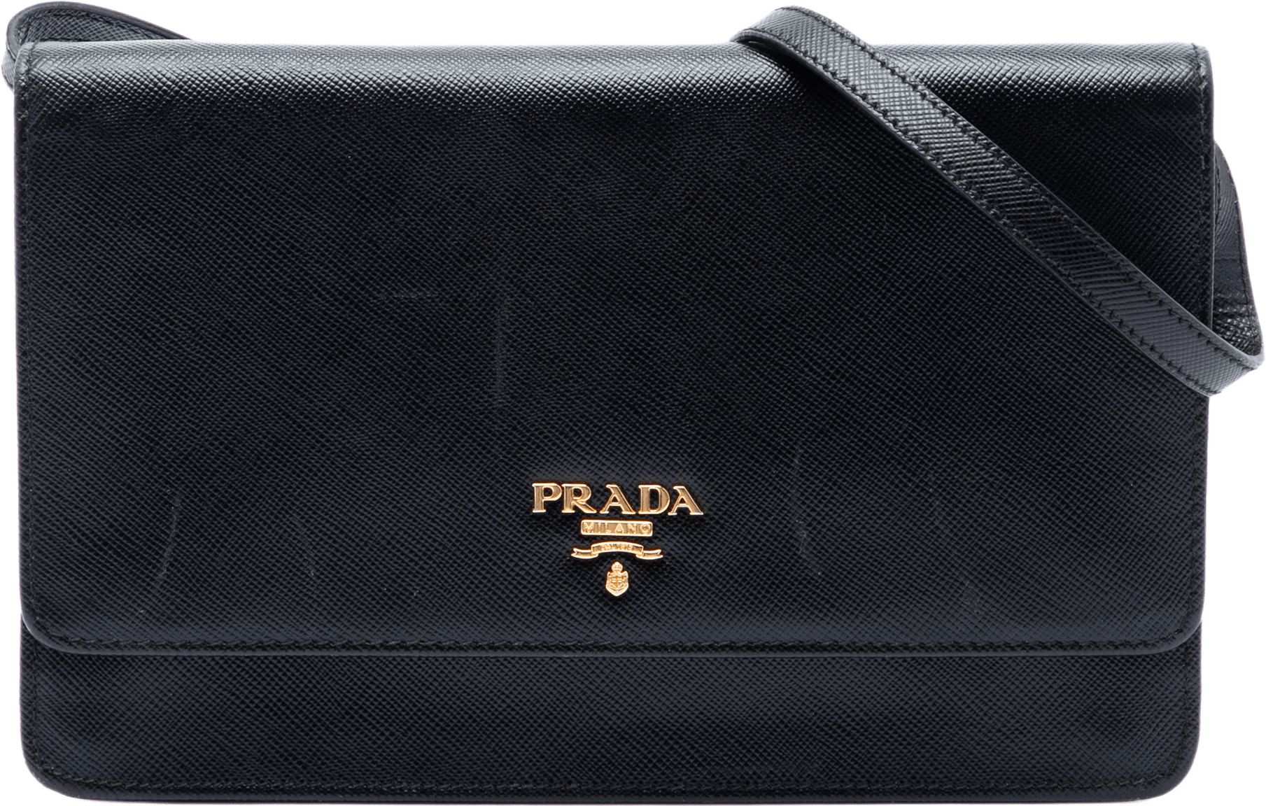 Prada Saffiano Wallet On Strap, från Luxclusif, i färgen svart.