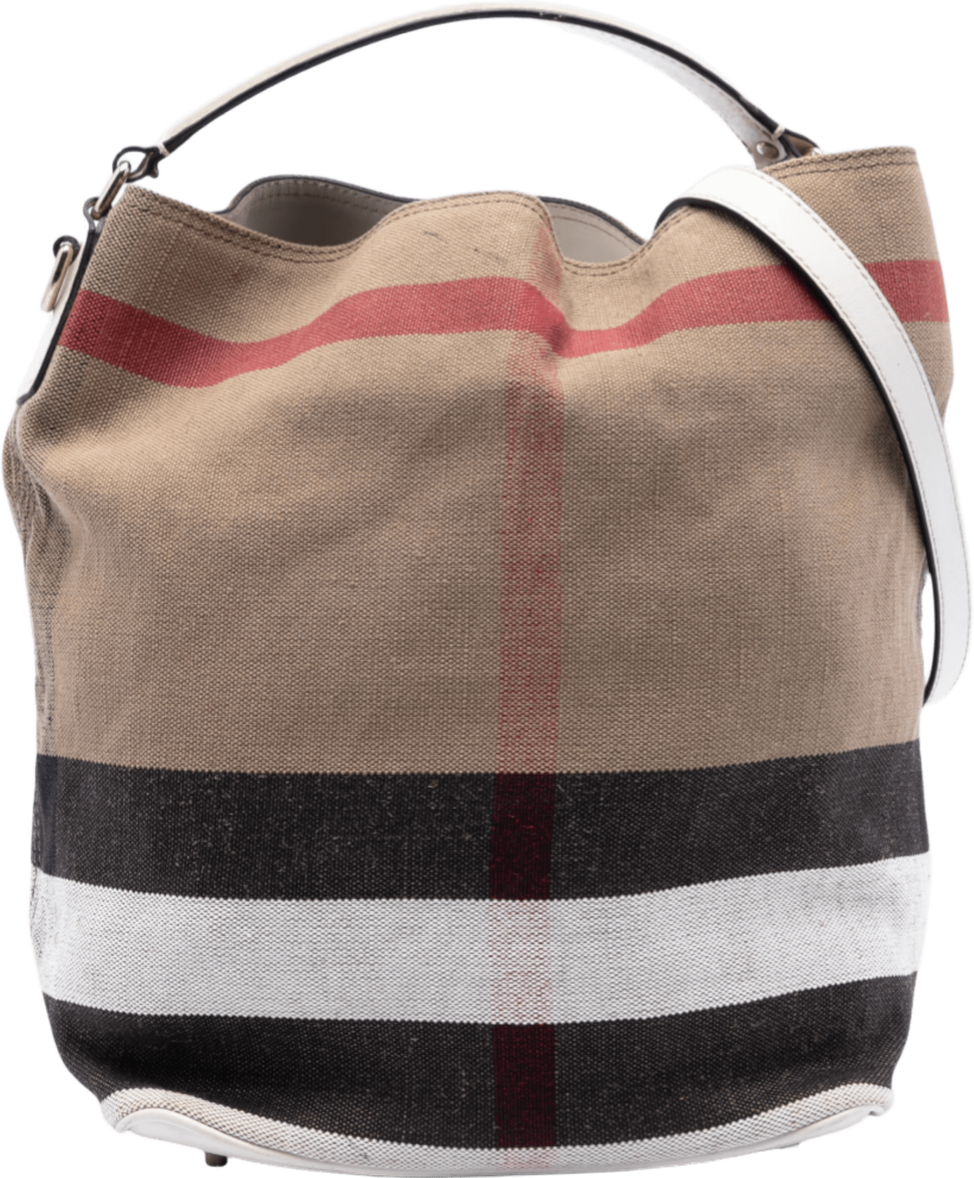 Burberry Medium Mega Check Canvas Ashby Bucket Bag, från Luxclusif, i färgen light brown.