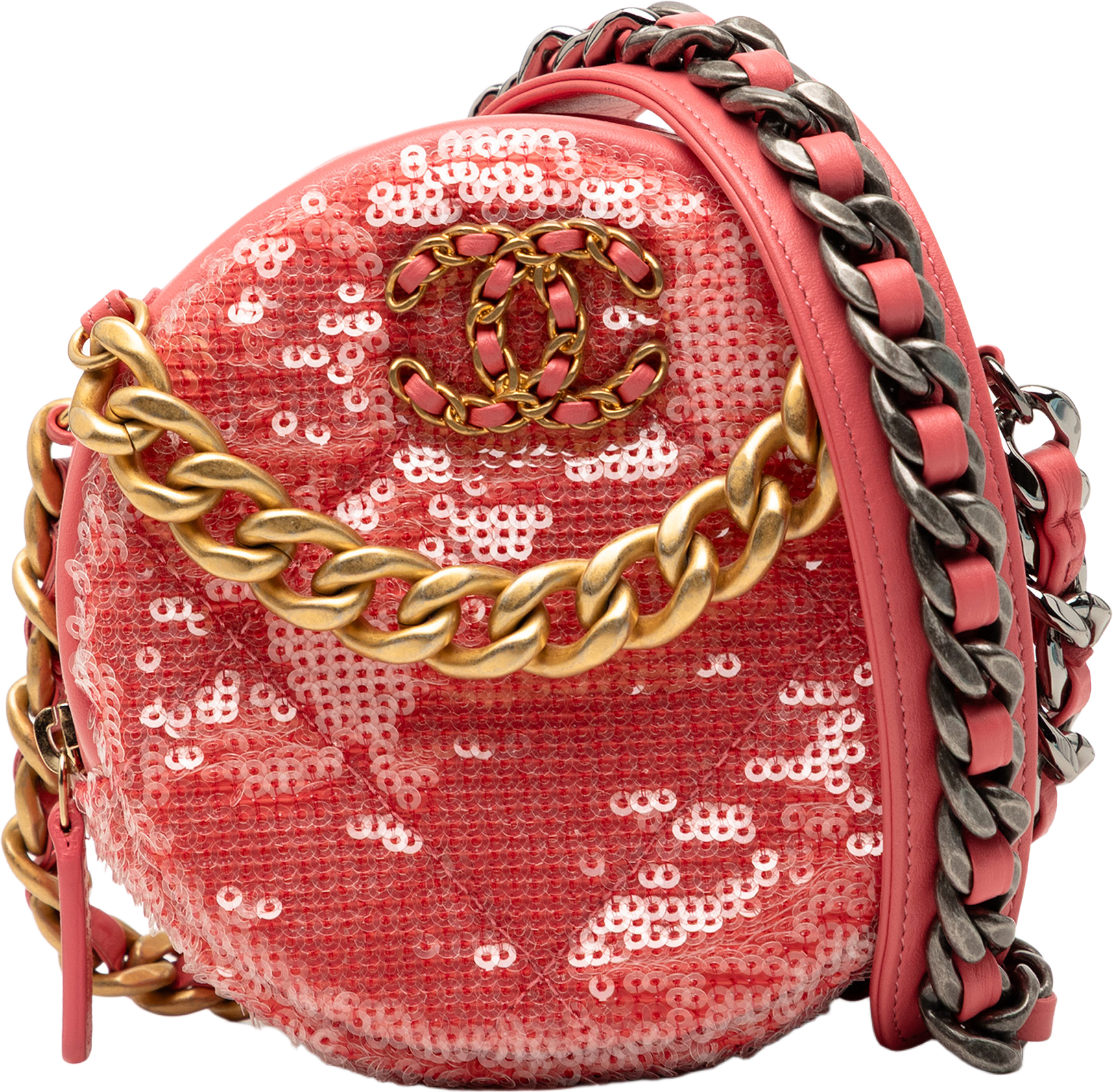 Chanel Sequin Lambskin 19 Round Clutch With Chain, från Luxclusif, i färgen pink.