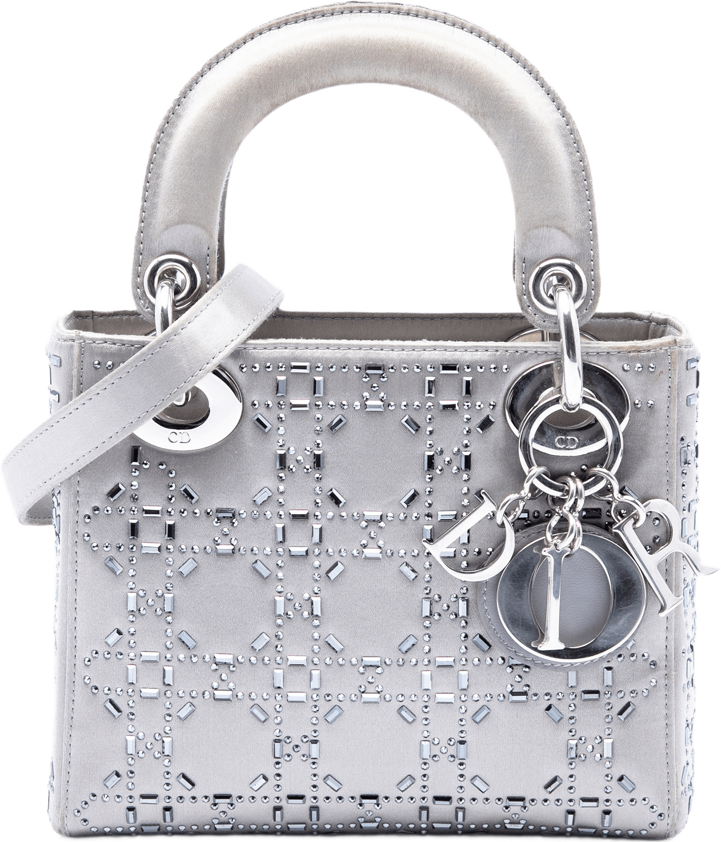 Dior Mini Satin Cannage Crystal Embellished Lady Dior, från Luxclusif, i färgen grå.