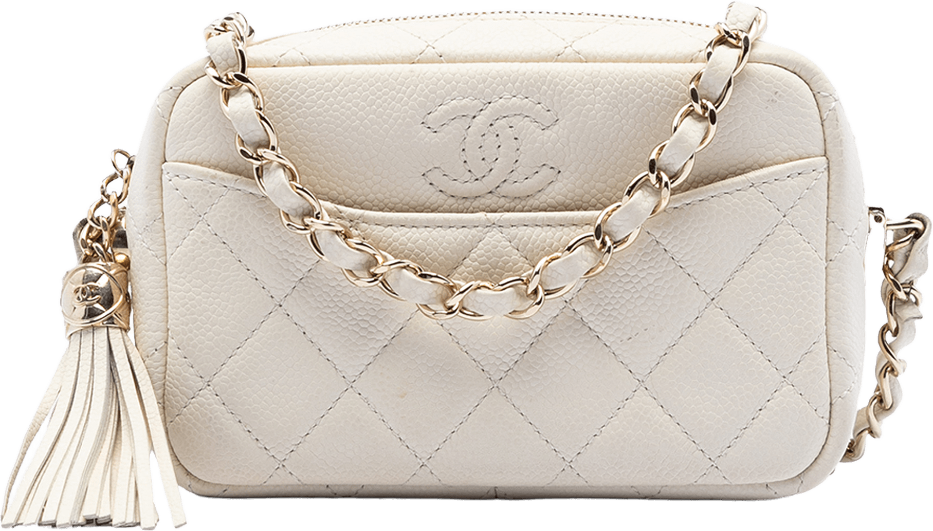 Chanel Mini Quilted Caviar Coco Tassel Camera Case, från Luxclusif, i färgen ivory.