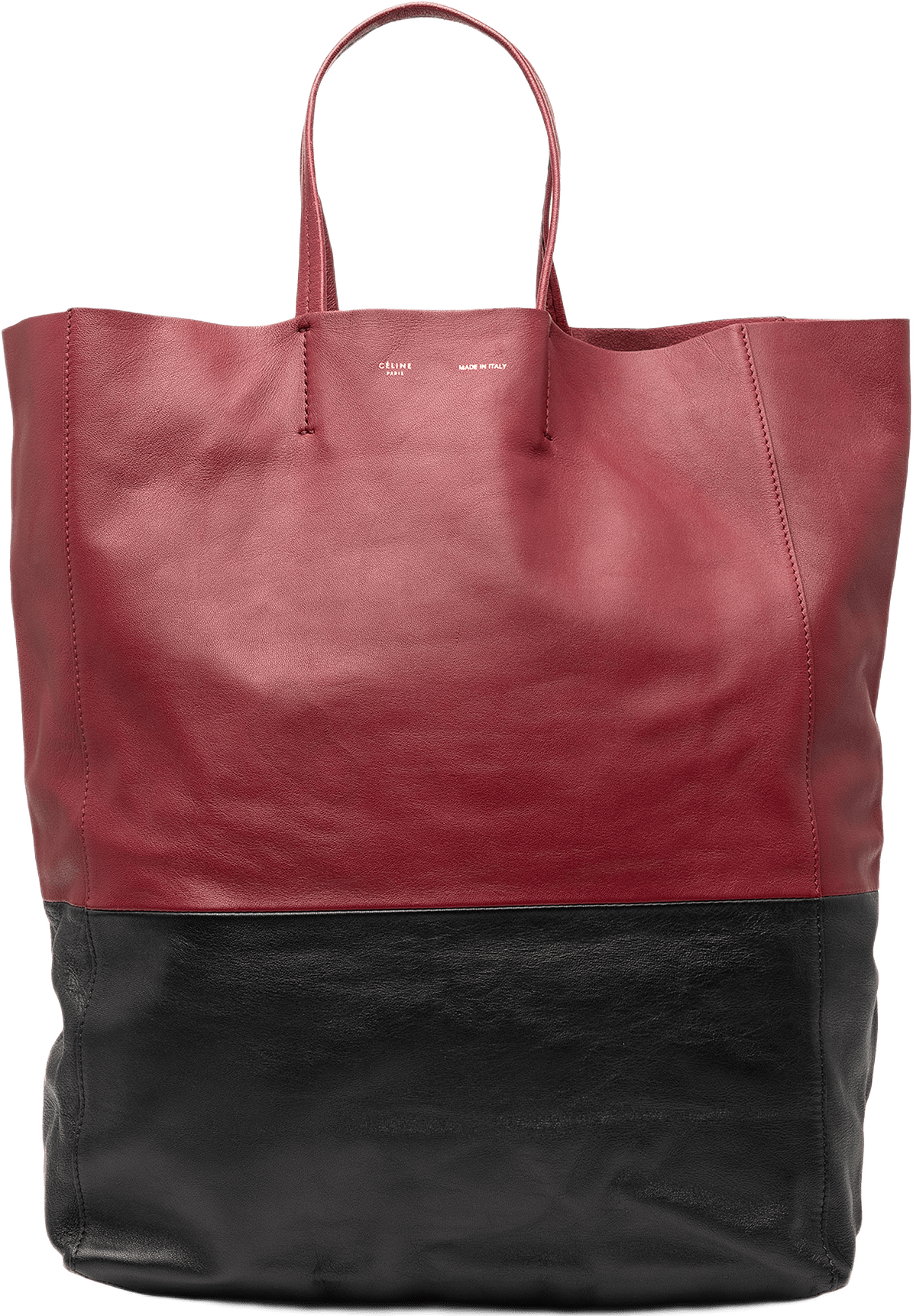 Celine Bicolor Lambskin Vertical Cabas Tote, från Luxclusif, i färgen burgundy.