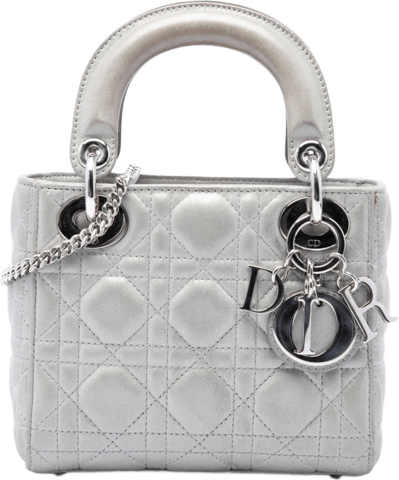 Dior Mini Iridescent Lambskin Cannage Lady Dior, från Luxclusif, i färgen silver.