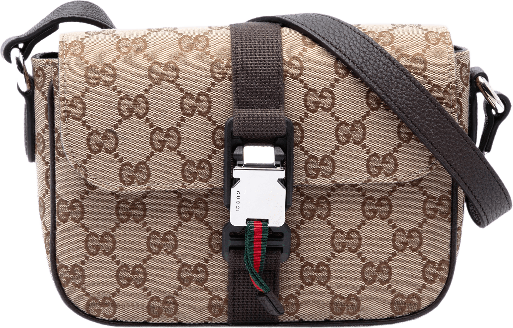 Gucci Gg Canvas Web Buckle Flap Crossbody, från Luxclusif, i färgen beige.