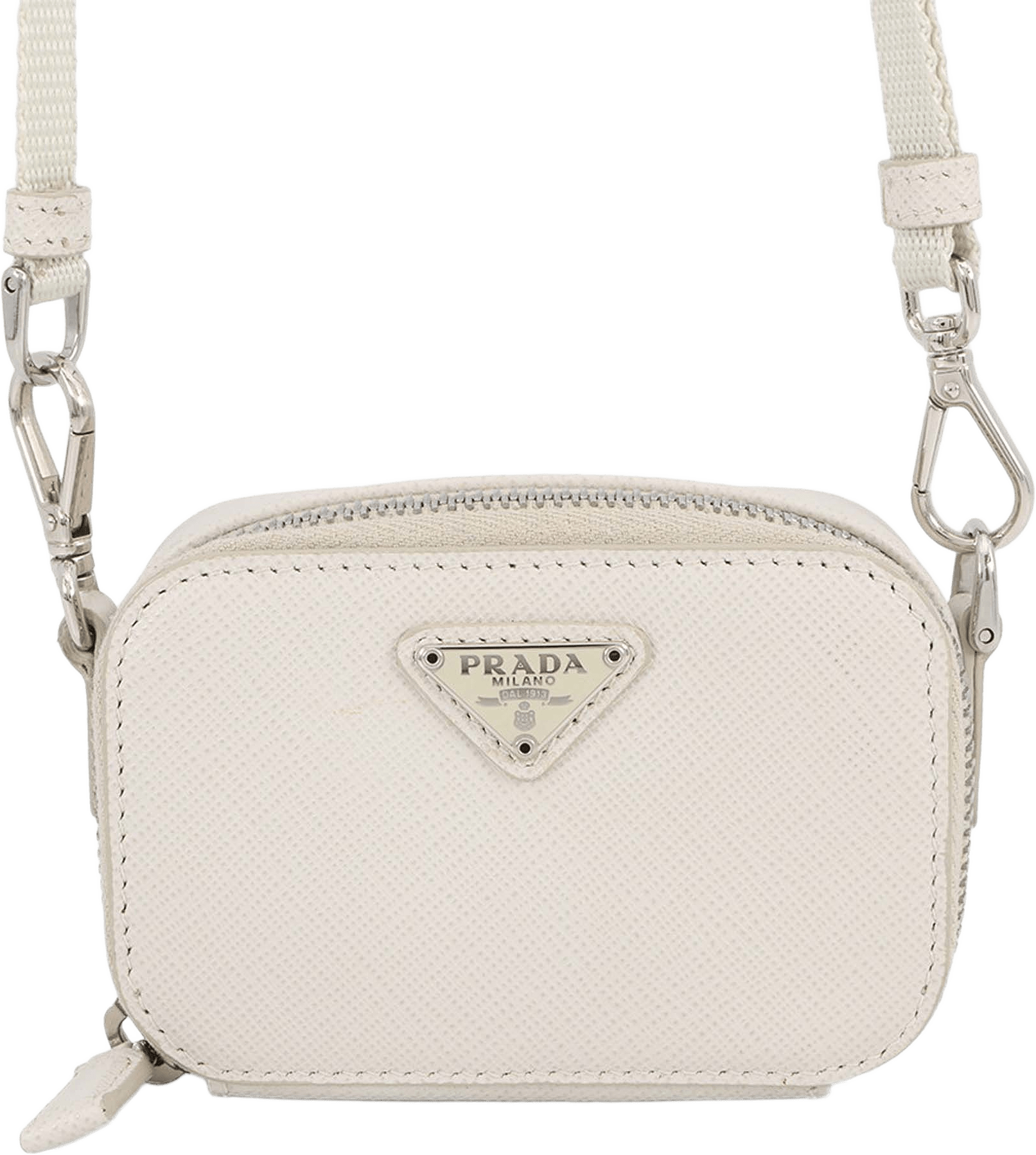 Prada Mini Saffiano Pouch Crossbody, från Luxclusif, i färgen ivory.