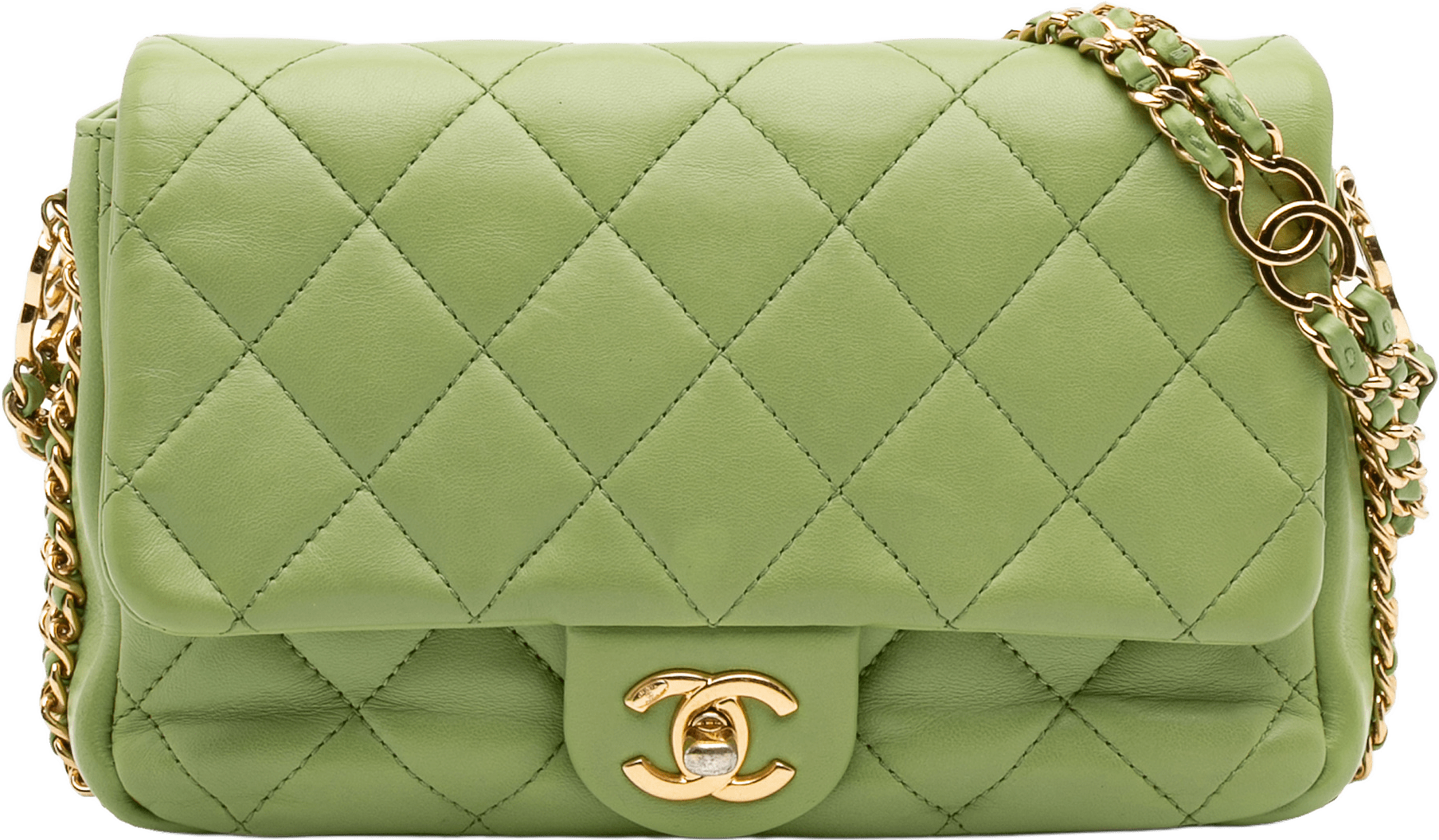 Chanel Quilted Lambskin Double Cc Chain Around Flap, från Luxclusif, i färgen light green.