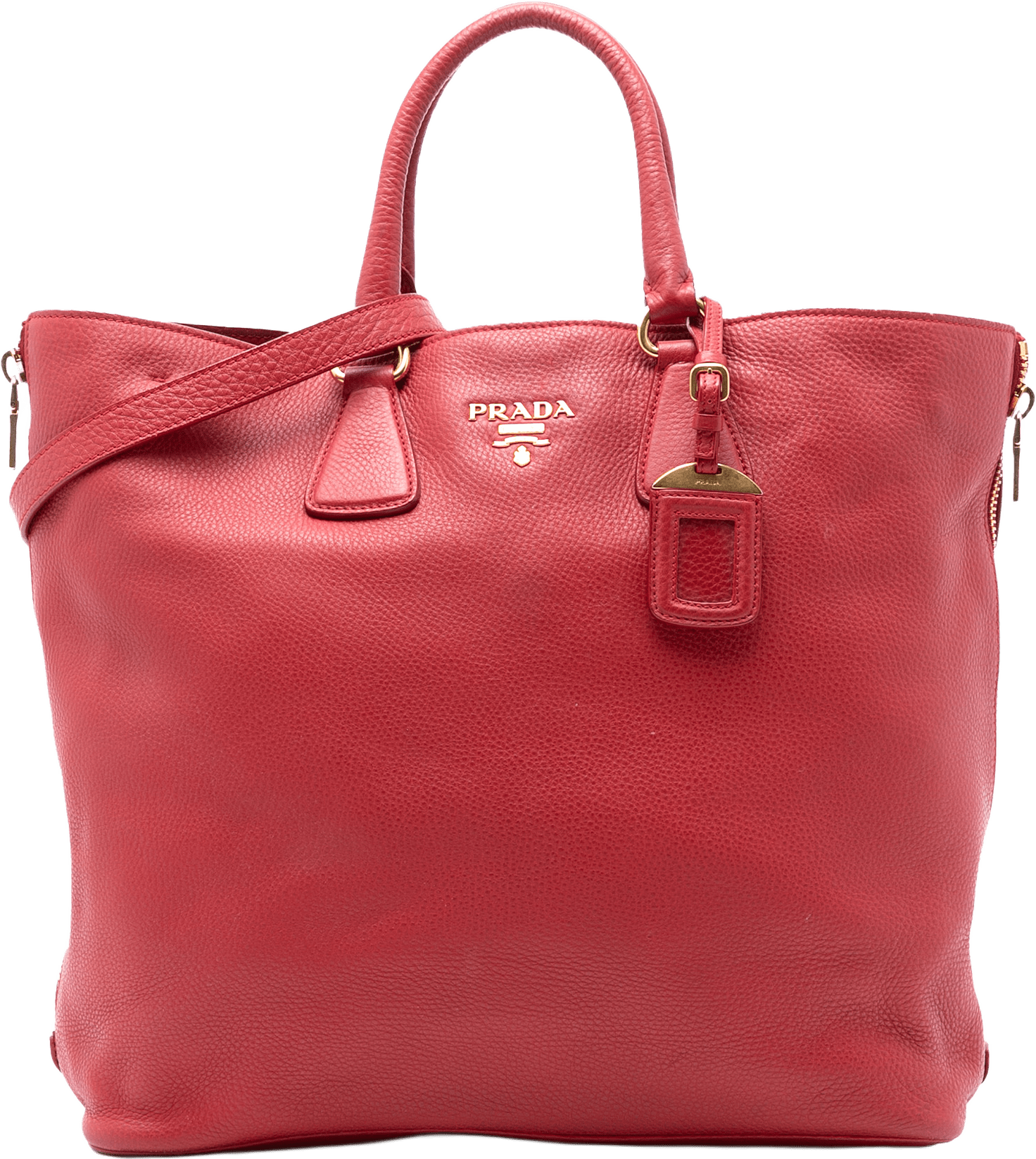 Prada Vitello Daino Side Zip Shopper Tote, från Luxclusif, i färgen red.