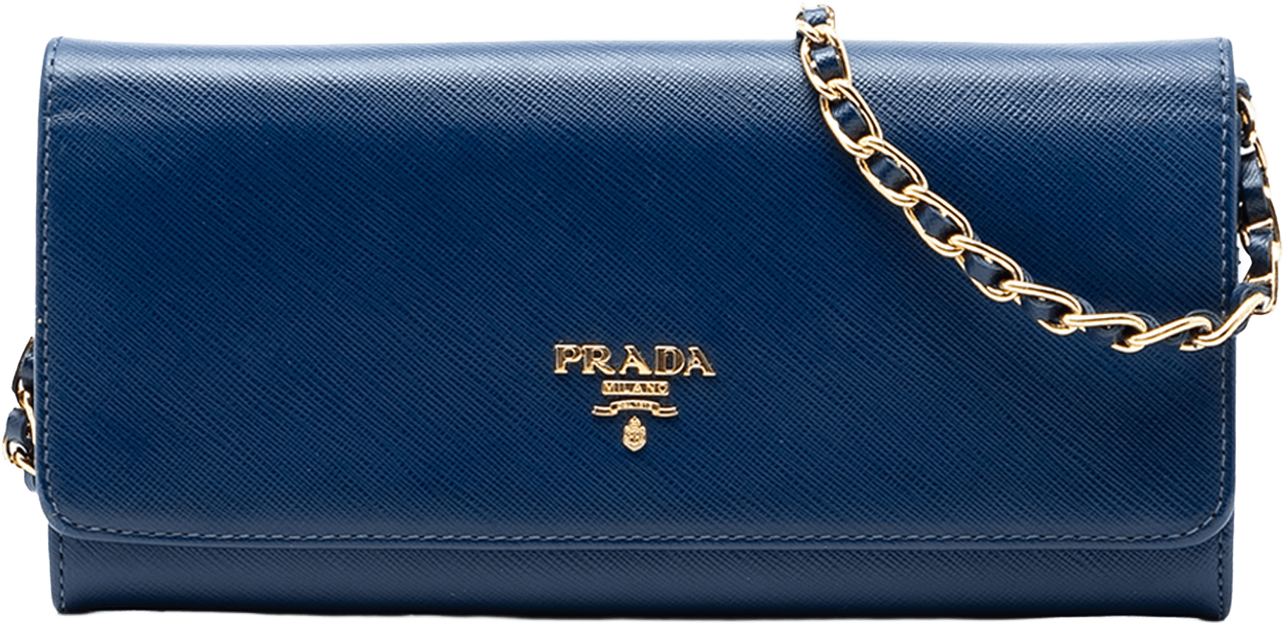 Prada Saffiano Wallet On Chain, från Luxclusif, i färgen blue.