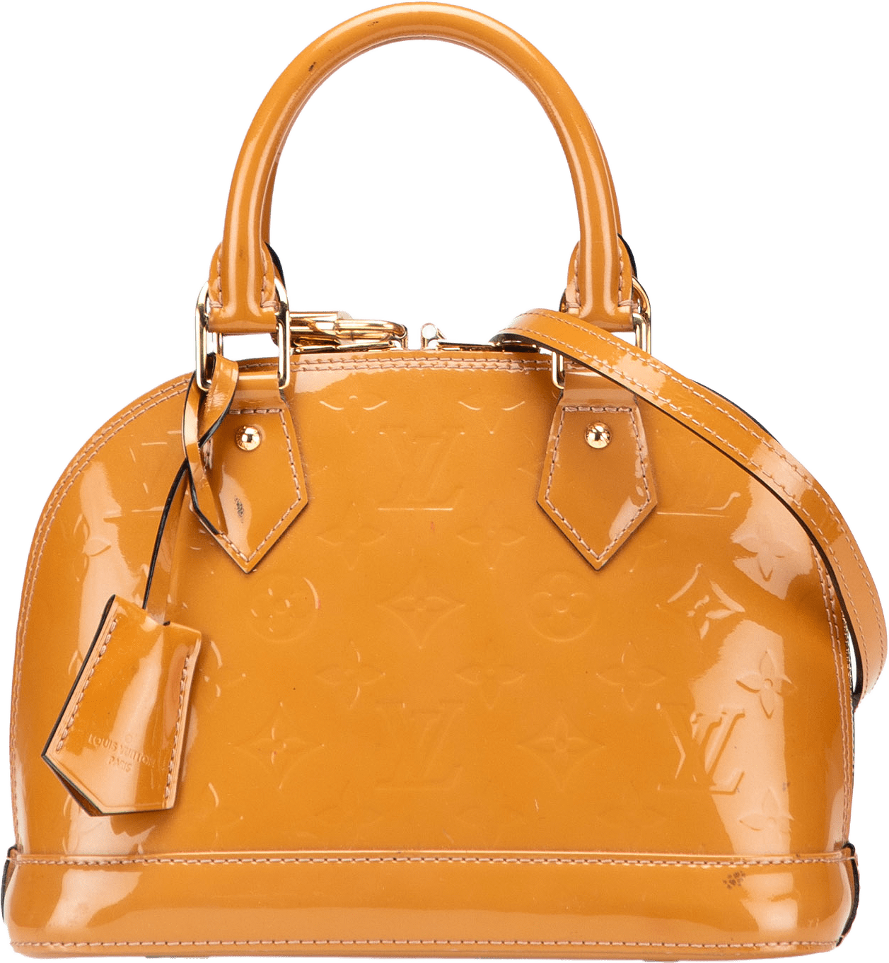 Louis Vuitton Monogram Vernis Alma Bb, från Luxclusif, i färgen camel.