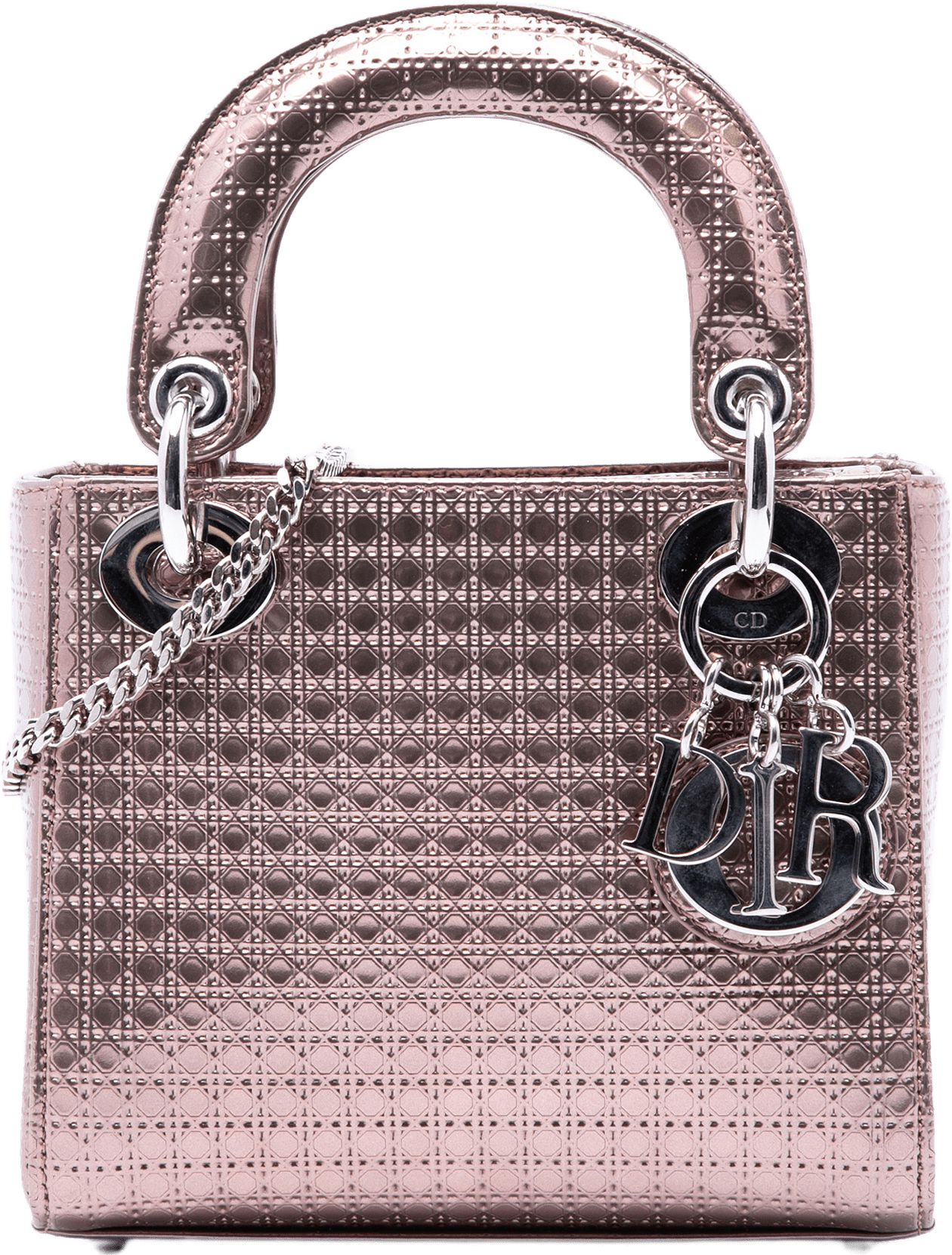 Dior Mini Metallic Patent Microcannage Lady Dior, från Luxclusif, i färgen pink.