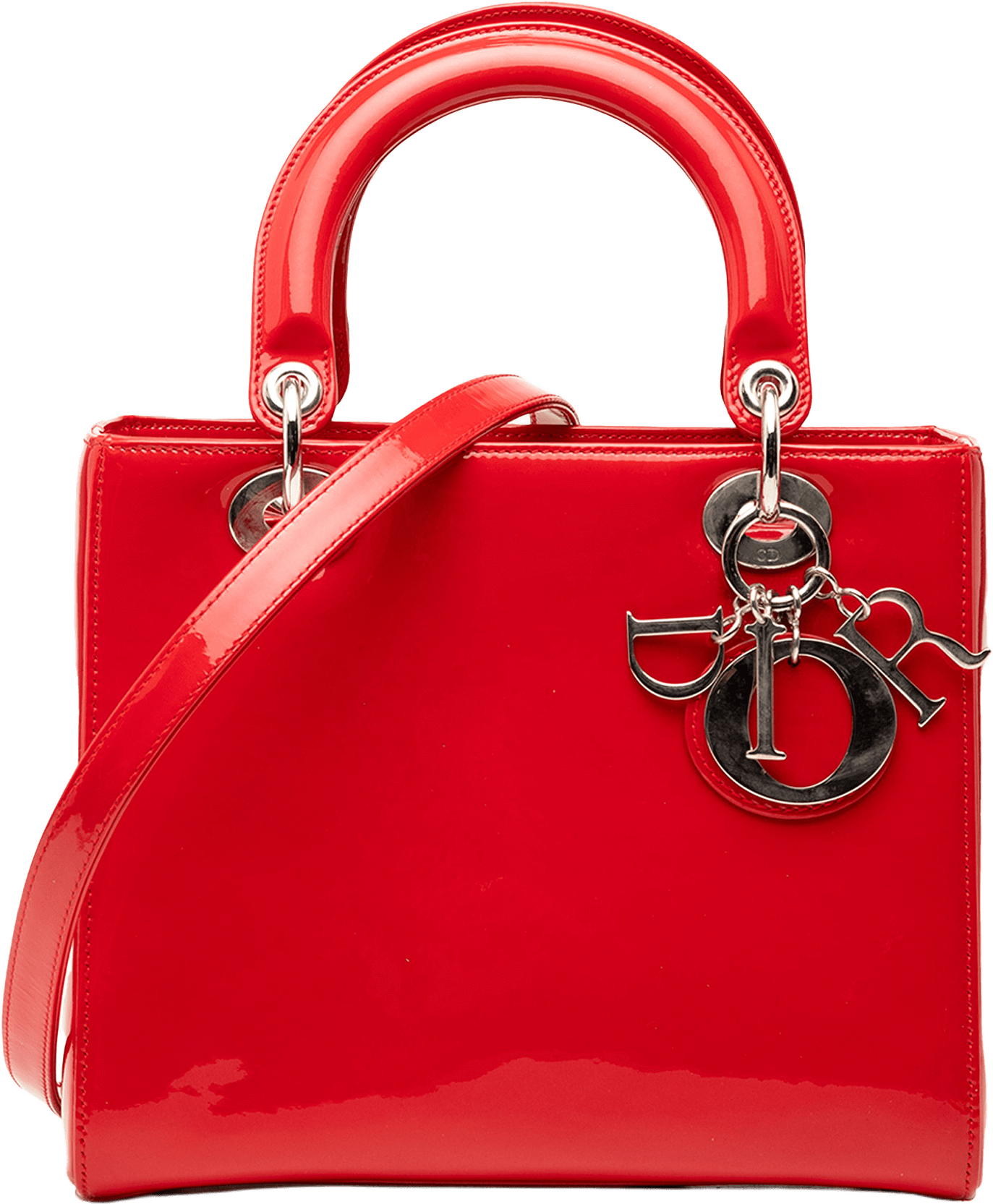 Dior Medium Patent Lady Dior, från Luxclusif, i färgen red.