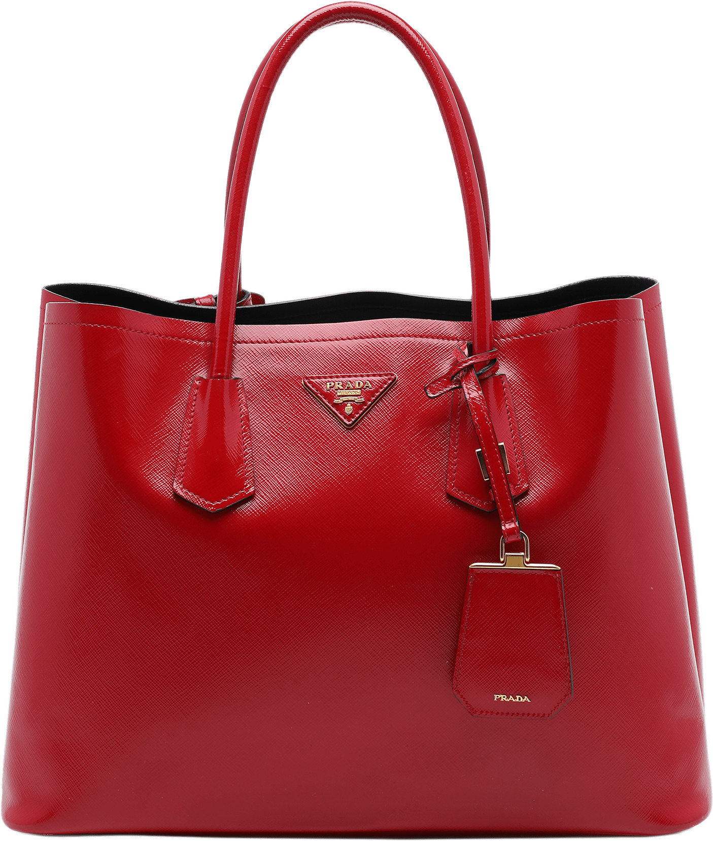 Prada Medium Saffiano Vernice Double Satchel, från Luxclusif, i färgen röd.