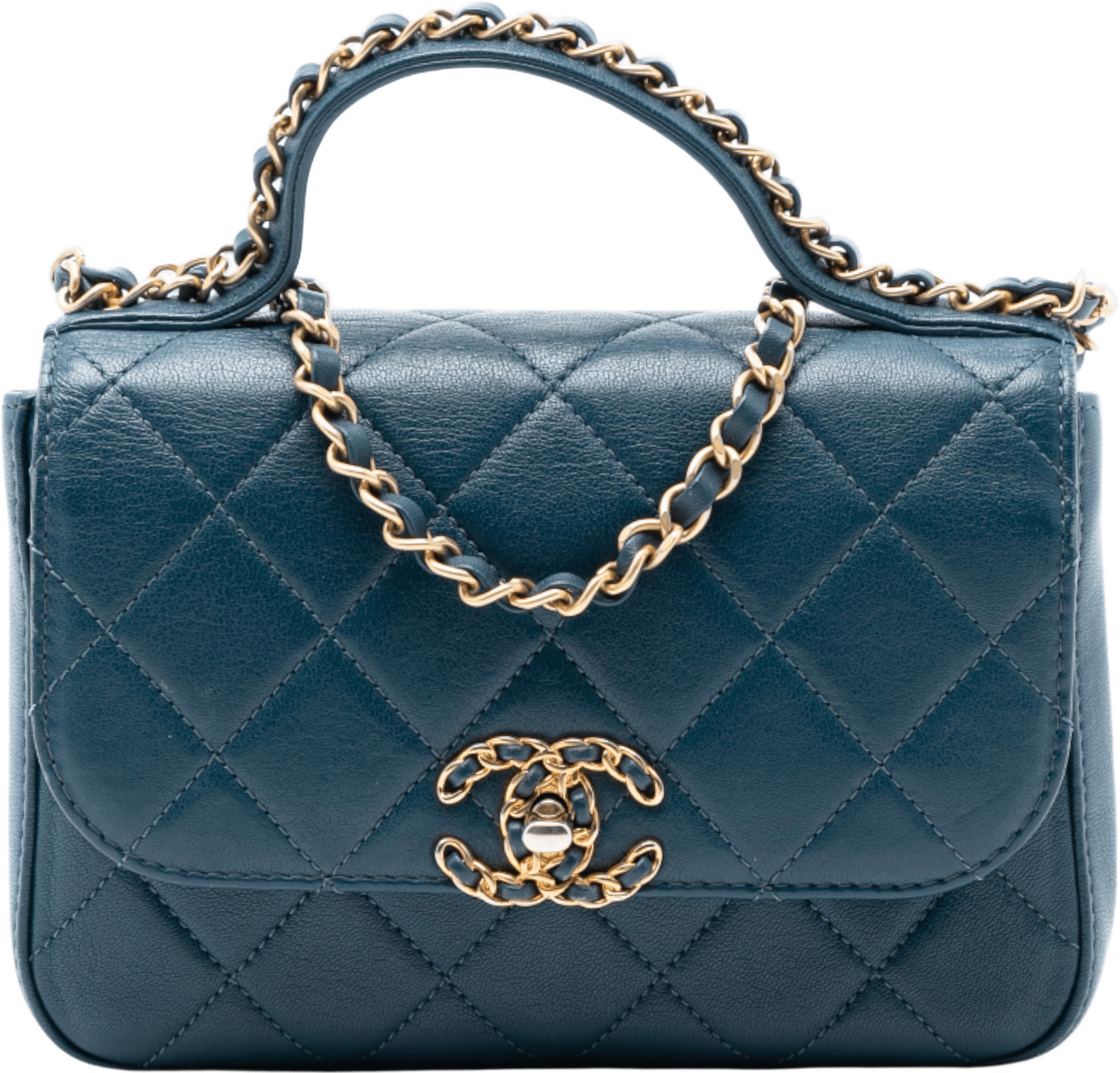 Chanel Small Quilted Calfskin Chain Infinity Top Handle Flap, från Luxclusif, i färgen peacock.