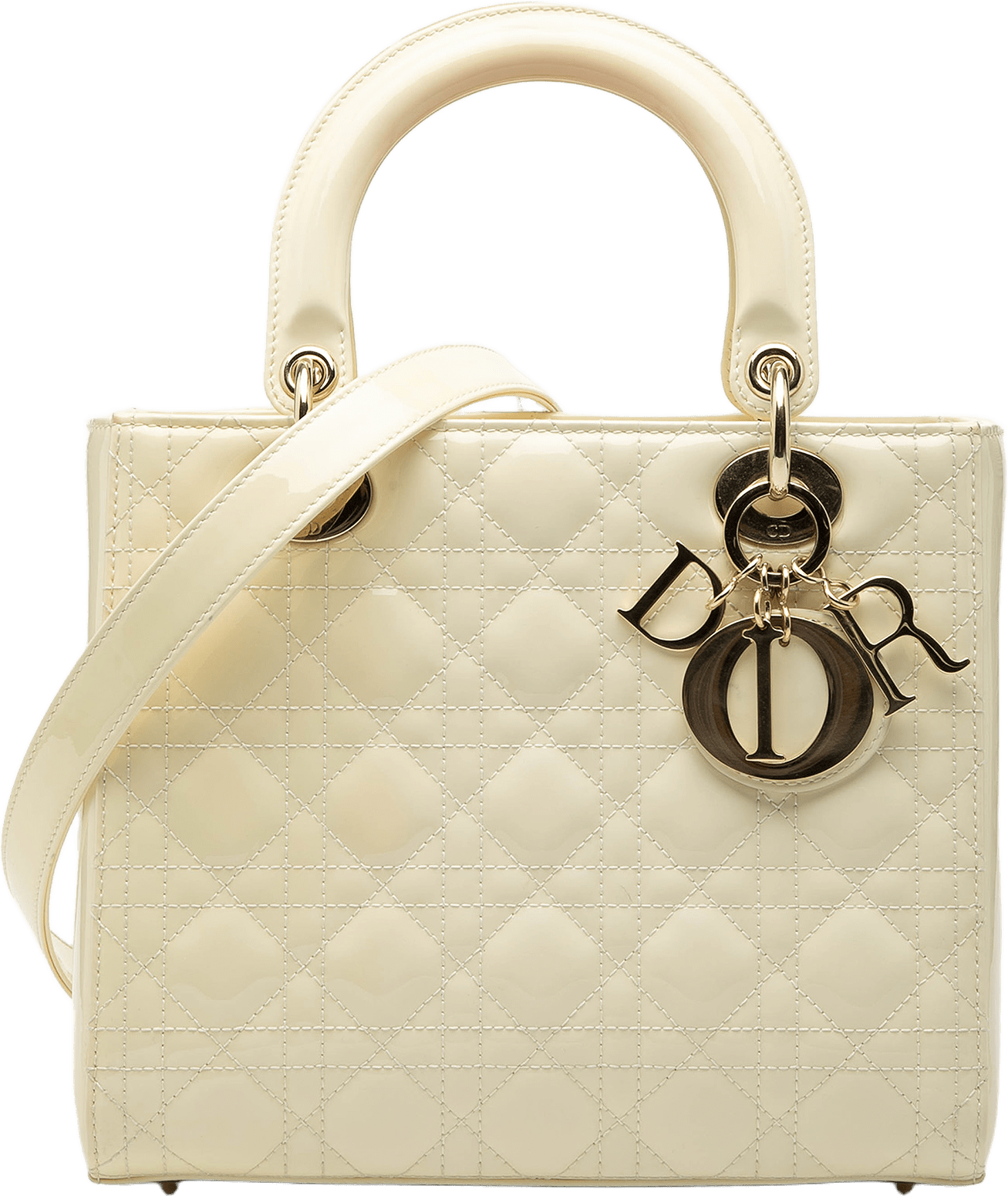Dior Medium Patent Cannage Lady Dior, från Luxclusif, i färgen ivory.