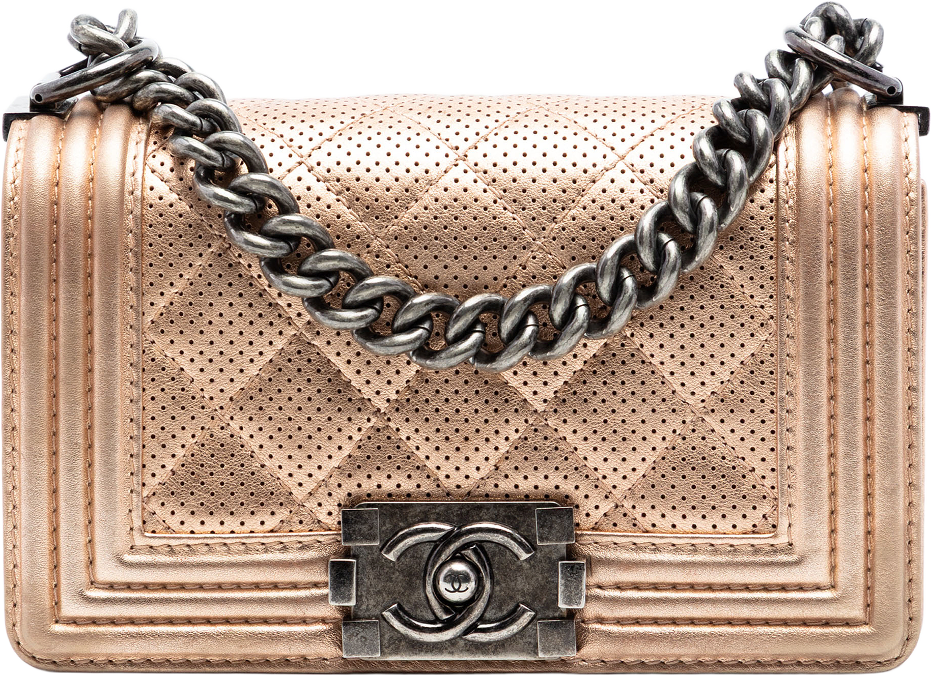 Chanel Small Quilted Perforated Metallic Lambskin Boy Flap, från Luxclusif, i färgen rose gold.